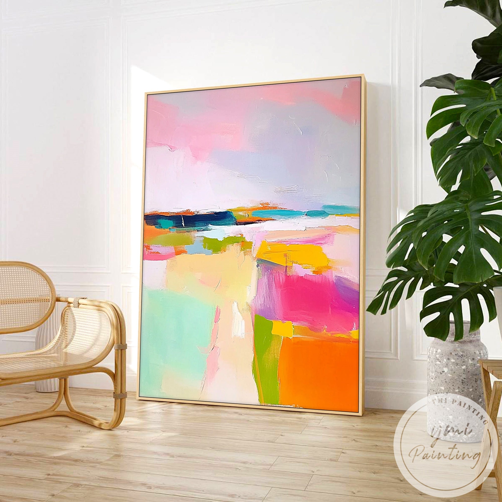 Large contemporary abstract painting in bright color blocks