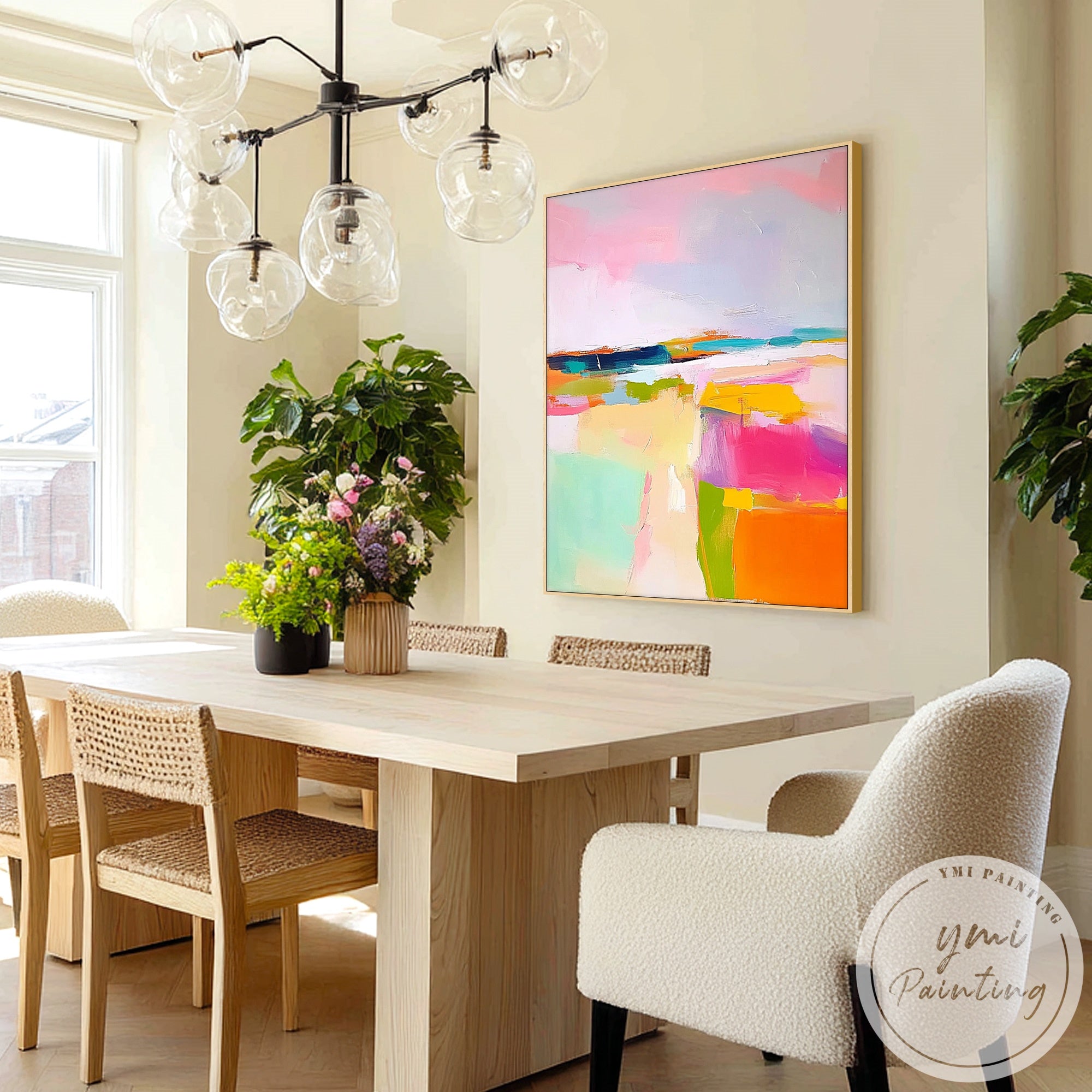 Hand painted abstract wall art with mint green and yellow tones