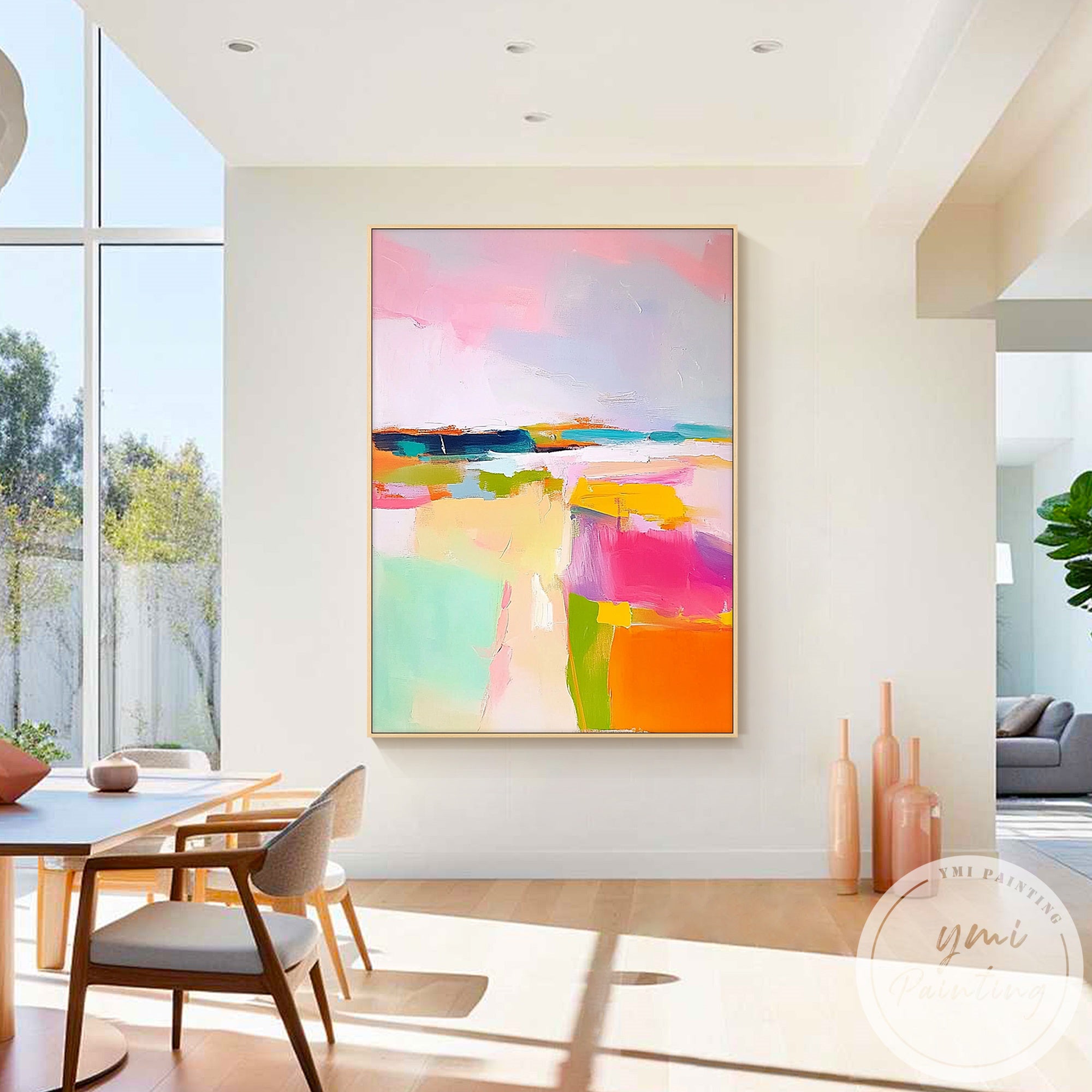 Modern colorful wall art with orange yellow and turquoise details
