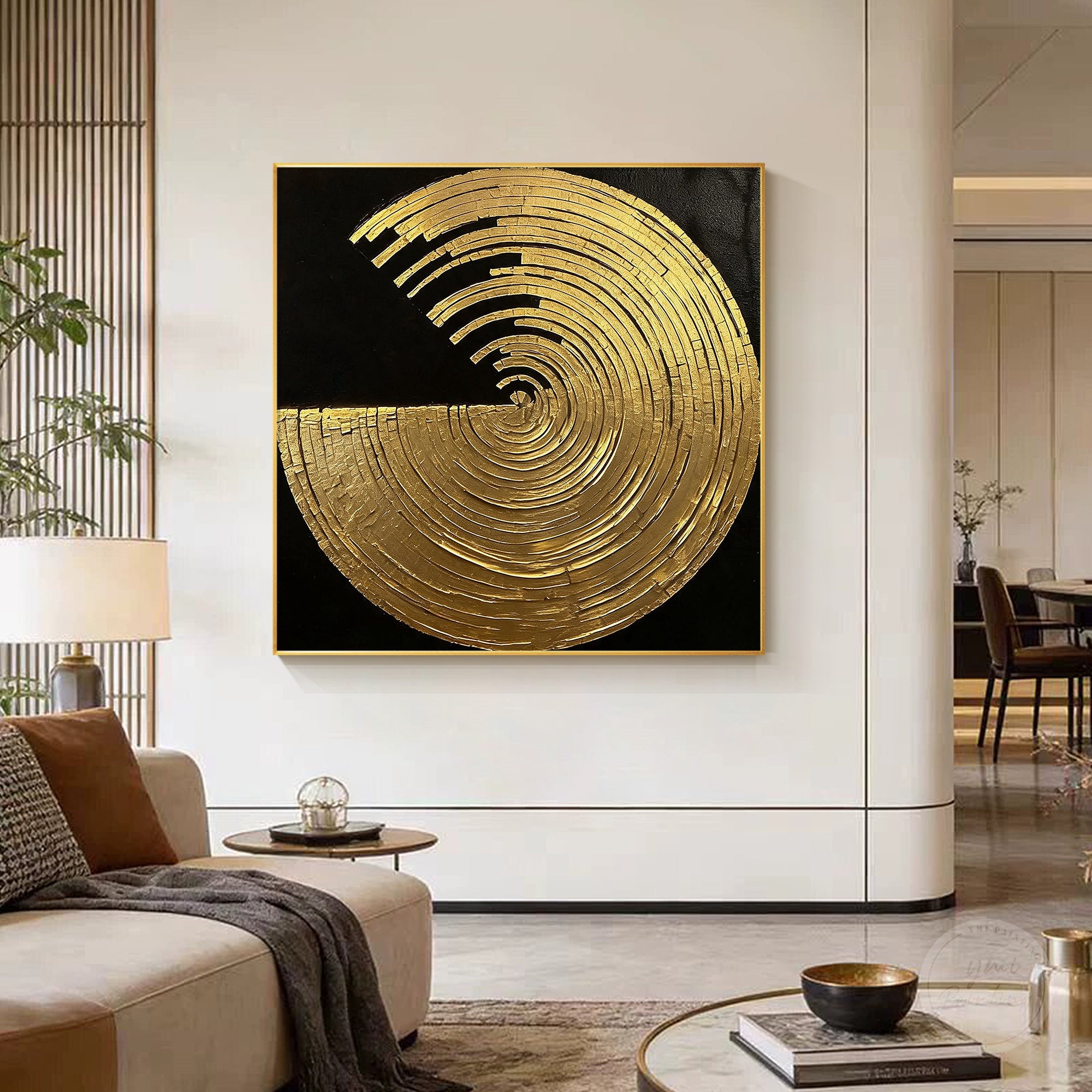 Hand painted gold circular abstract canvas painting