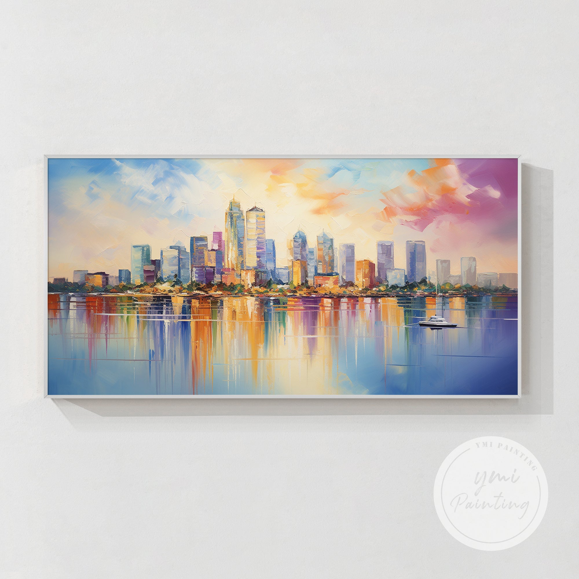 
hand painted Miami skyline sunset wall art horizontal canvas in contemporary living room