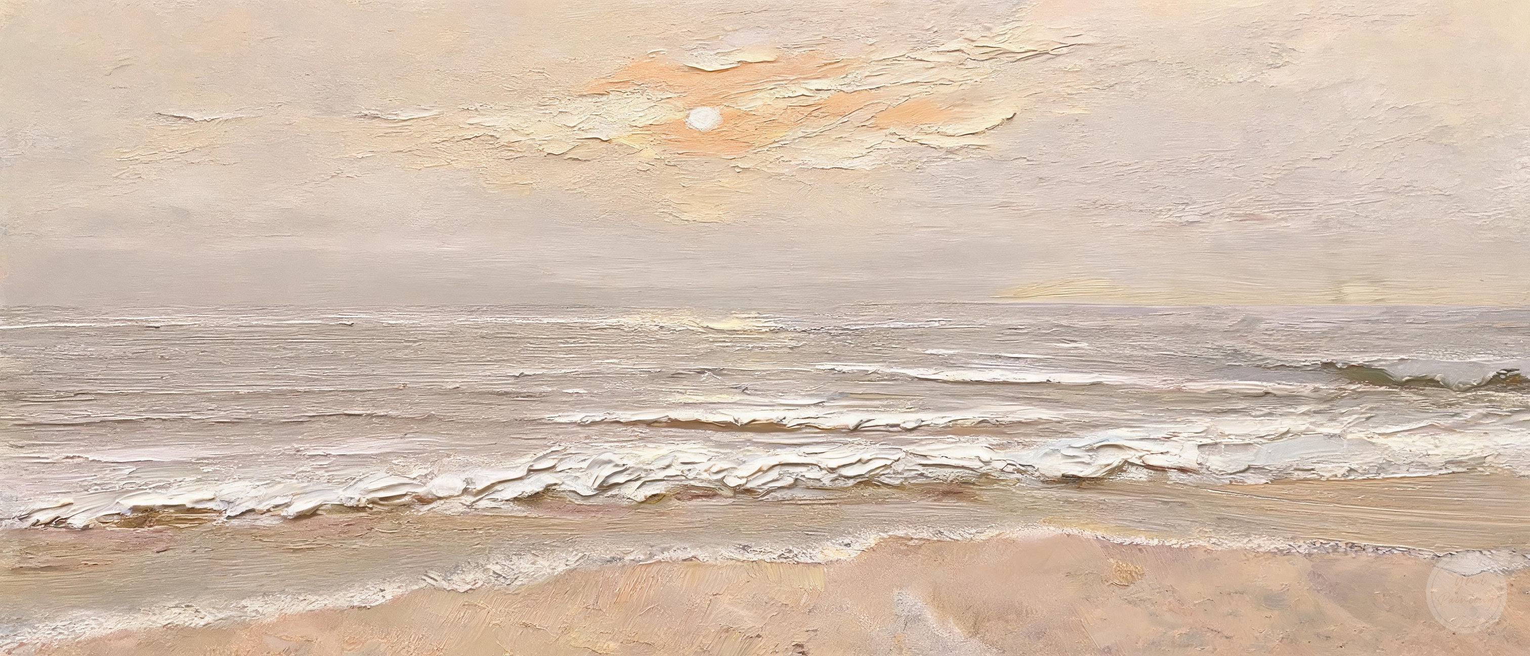 Panoramic beach wall art featuring a soft horizon and layered textured waves
