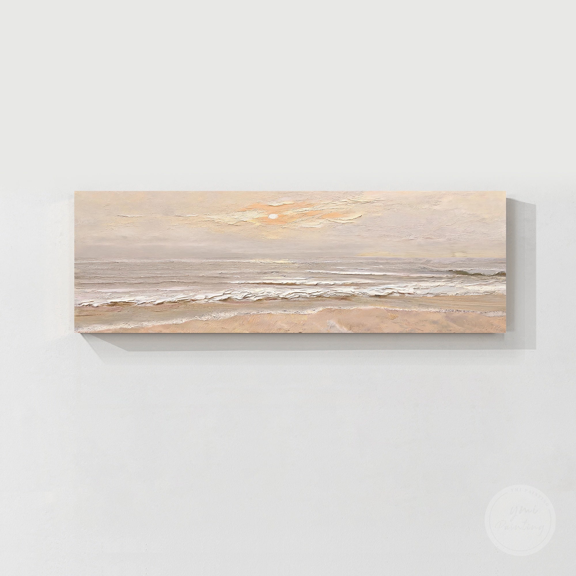 Soft beige beach painting with layered water textures and a pale horizon
