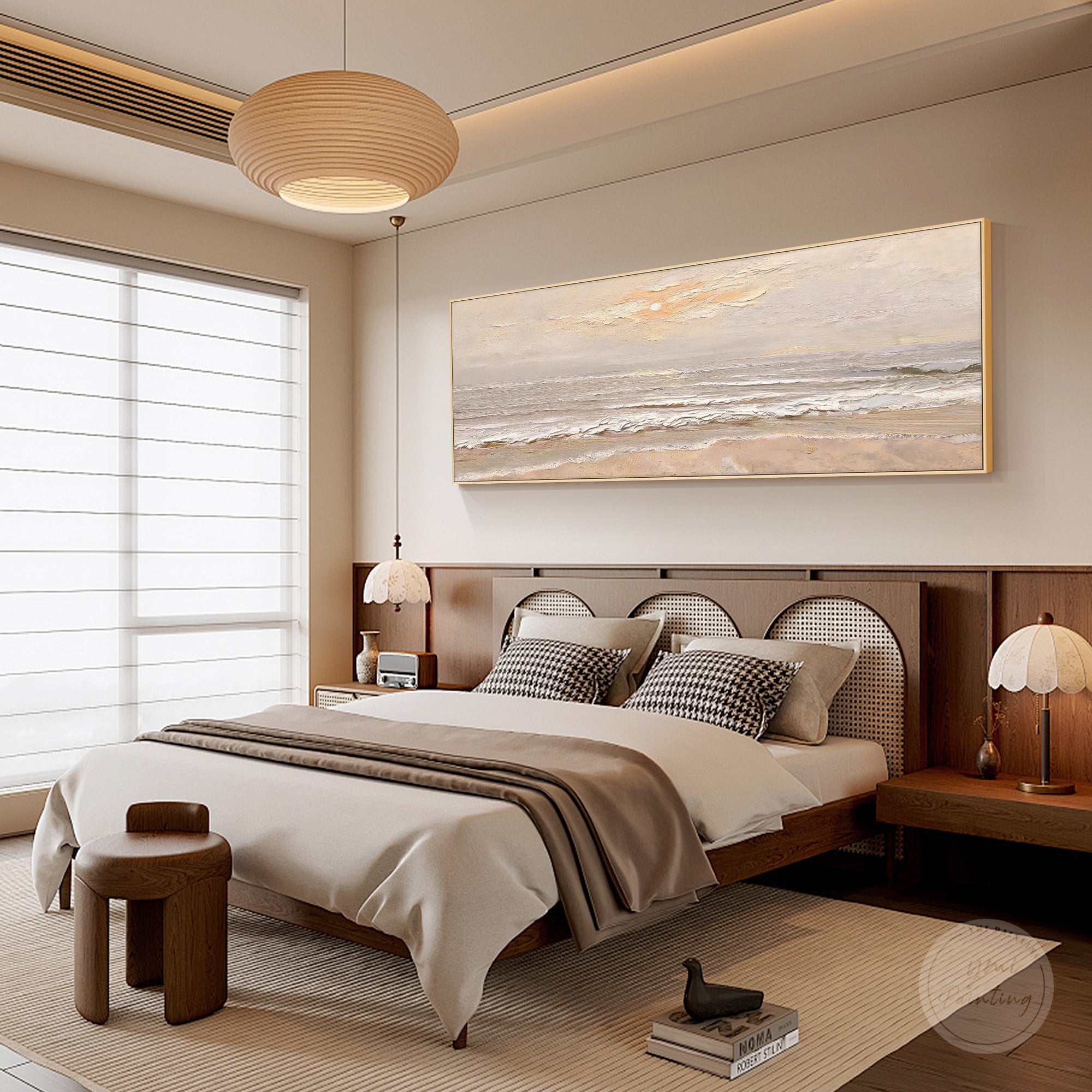 Neutral coastal wall art with a panoramic ocean view and subtle textured brushwork
