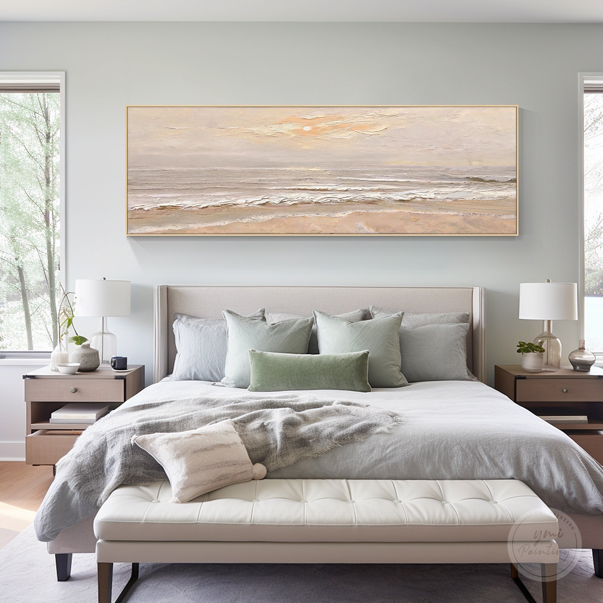 Beige abstract seascape canvas featuring soft cream tones and textured shoreline