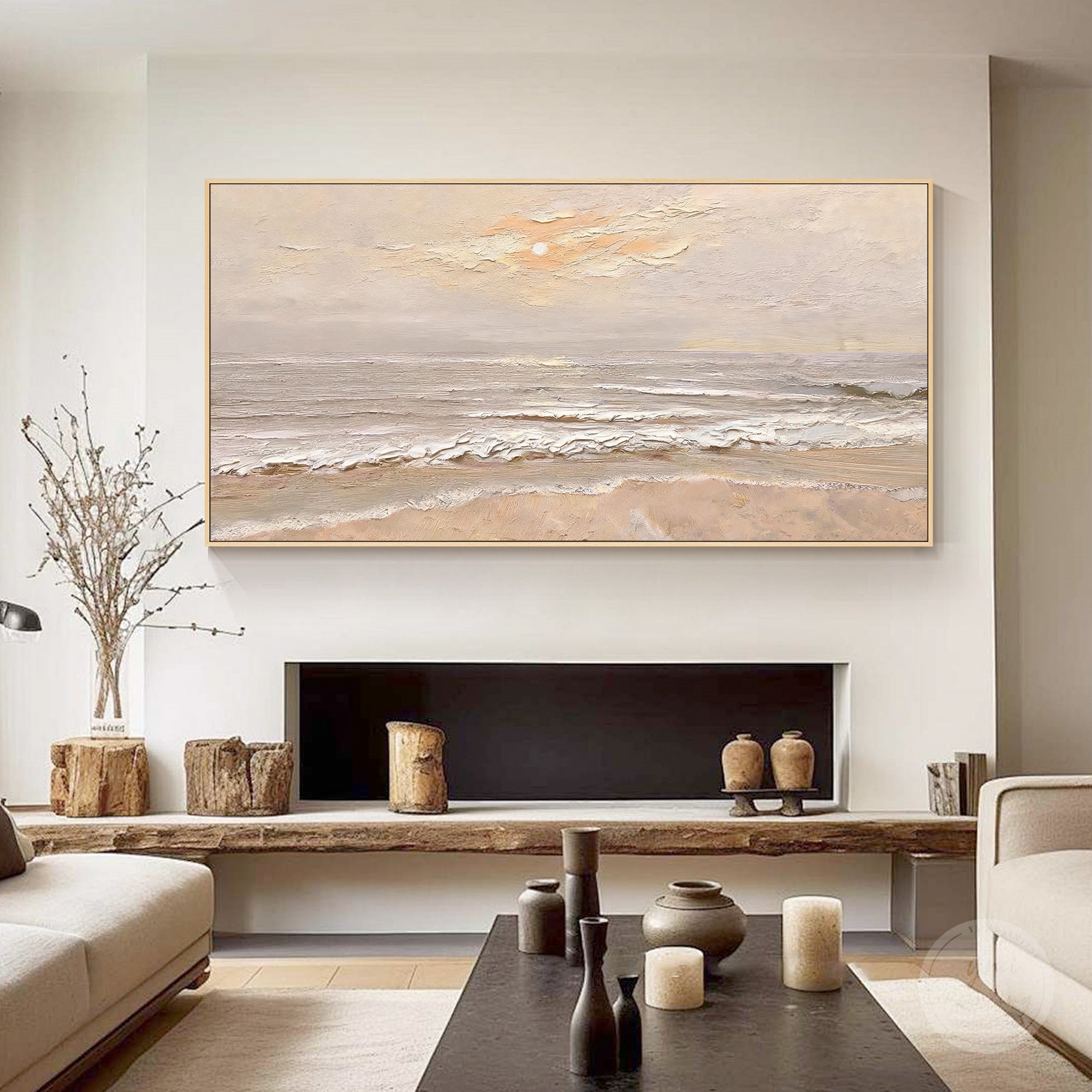 Minimalist ocean painting with layered waves and a distant coastal horizon