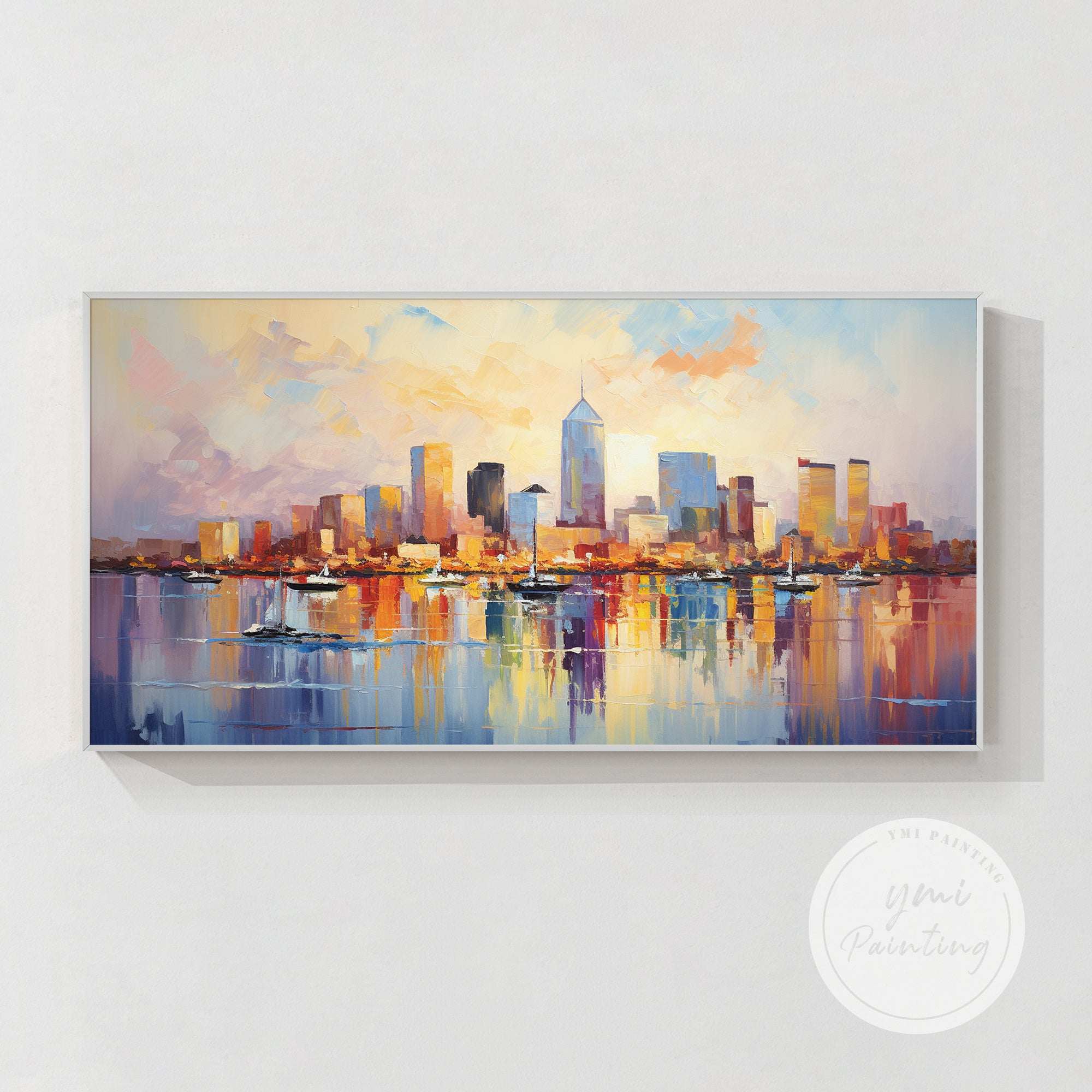 hand painted New Orleans skyline sunset wall art horizontal canvas in minimalist living room