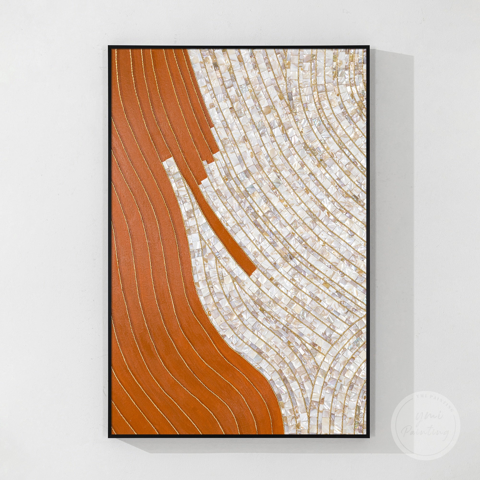 Large framed 3D Mother-of-Pearl wall painting with hand-painted orange and gold accents, perfect for beach houses or coastal-inspired homes.