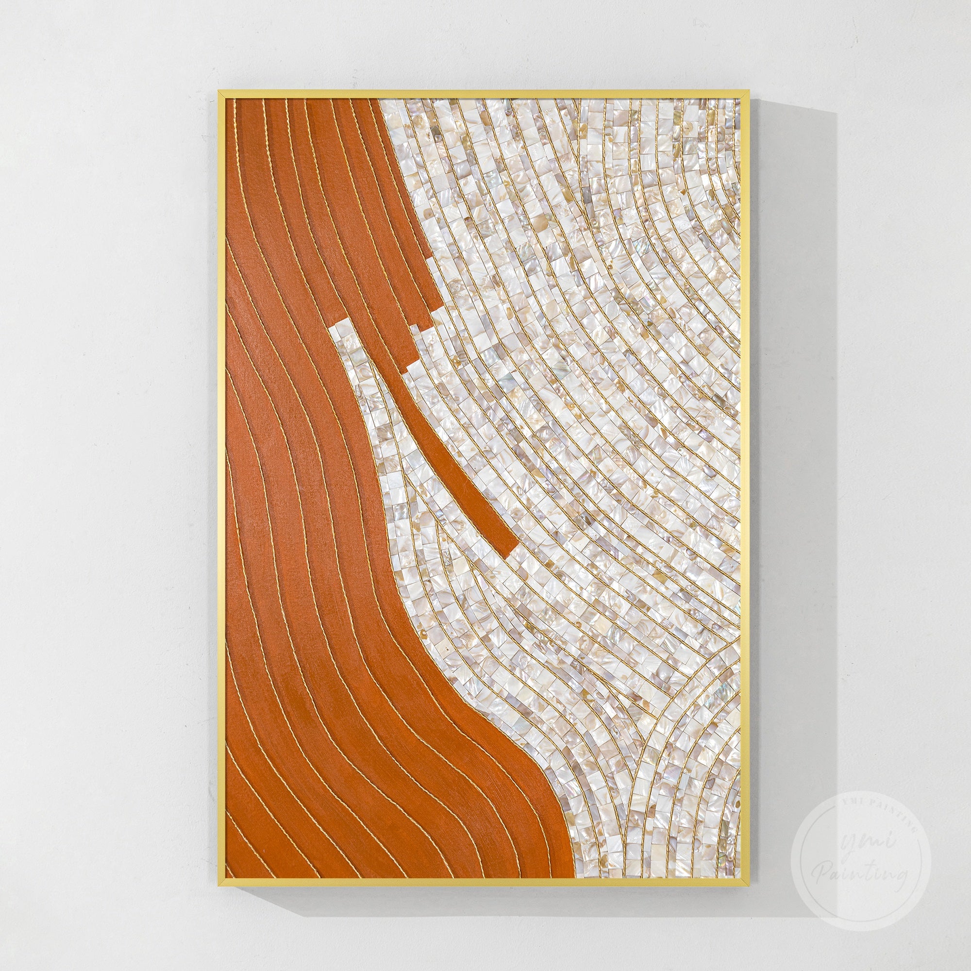 Elegant 3D Mother-of-Pearl wall decor with orange and gold hand-painted highlights, perfect for modern apartments or condos.