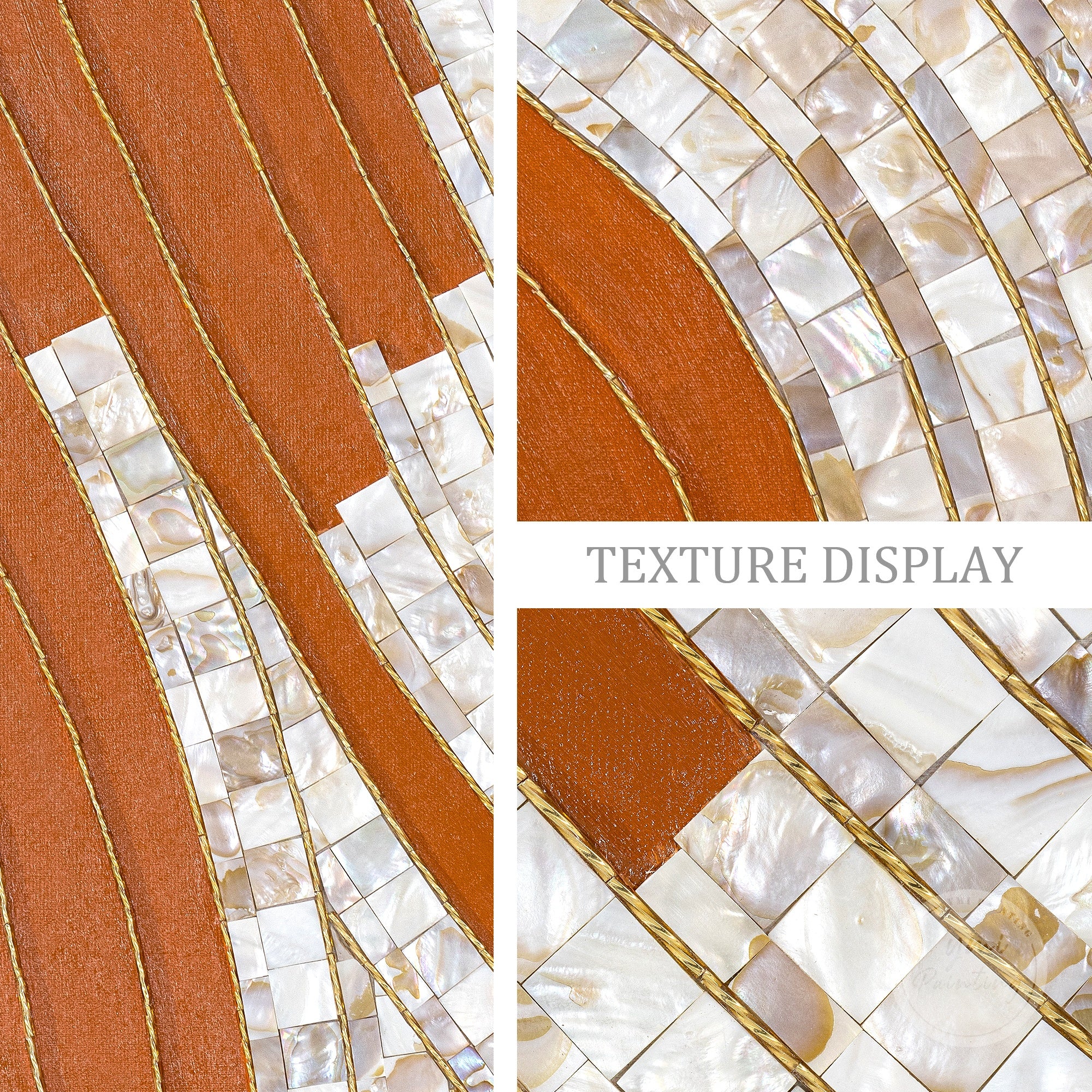Large framed Mother-of-Pearl wall decor with hand-painted orange and gold line accents, adds coastal elegance to homes.