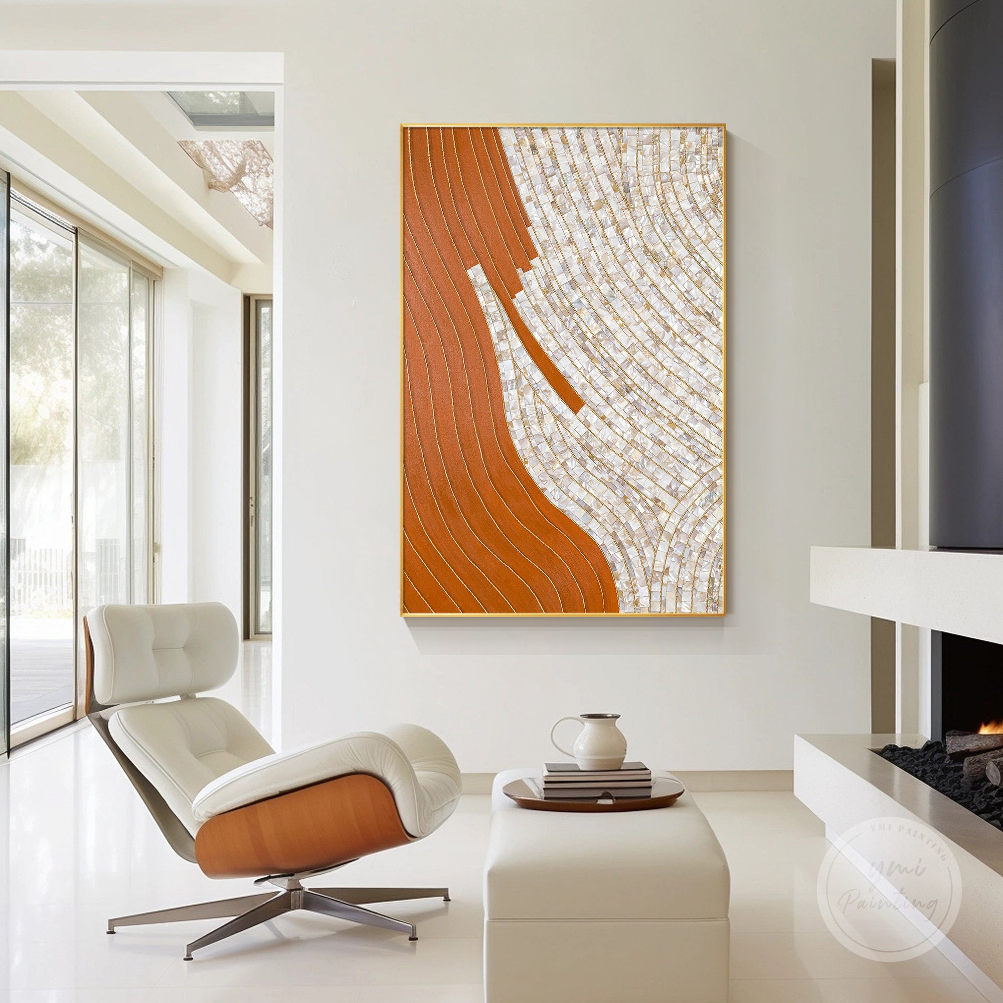 Layered 3D Mother-of-Pearl mosaic artwork with delicate hand-painted orange and gold elements, perfect for boutique hotels.