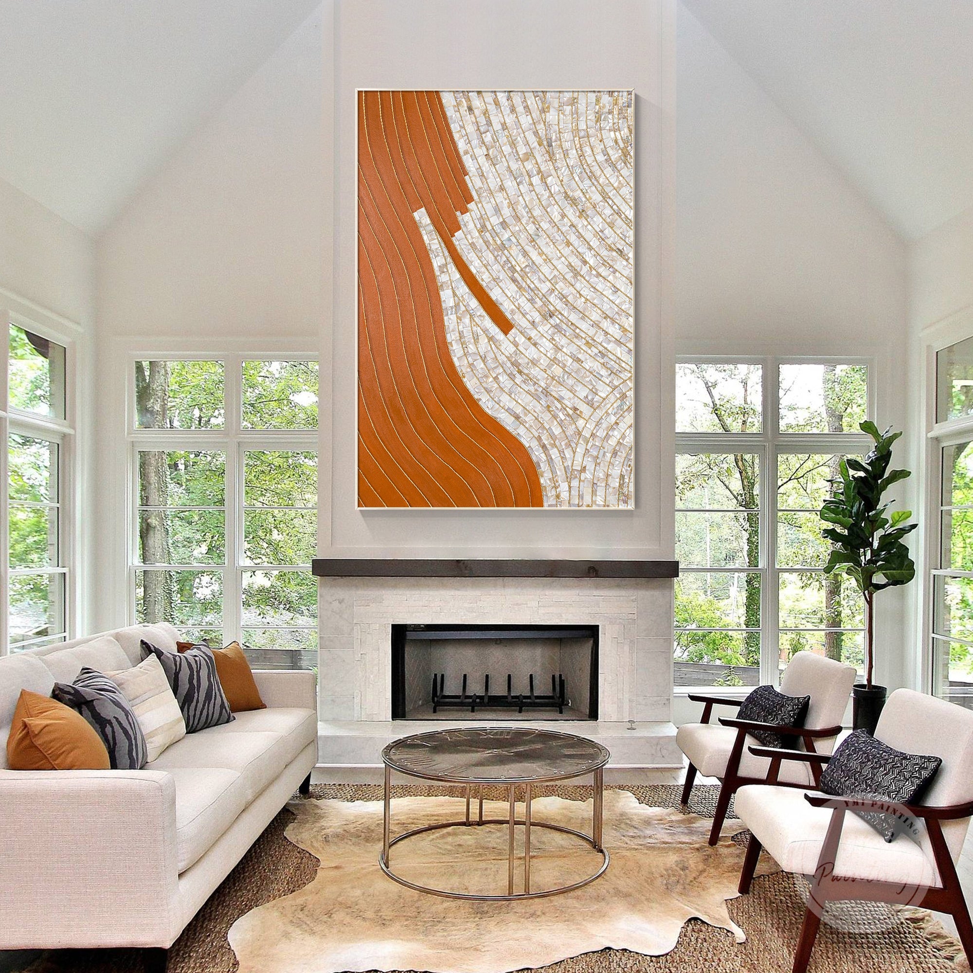 Handcrafted 3D Mother-of-Pearl mosaic painting with orange hand-painted strokes and gold detailing, ideal housewarming gift.