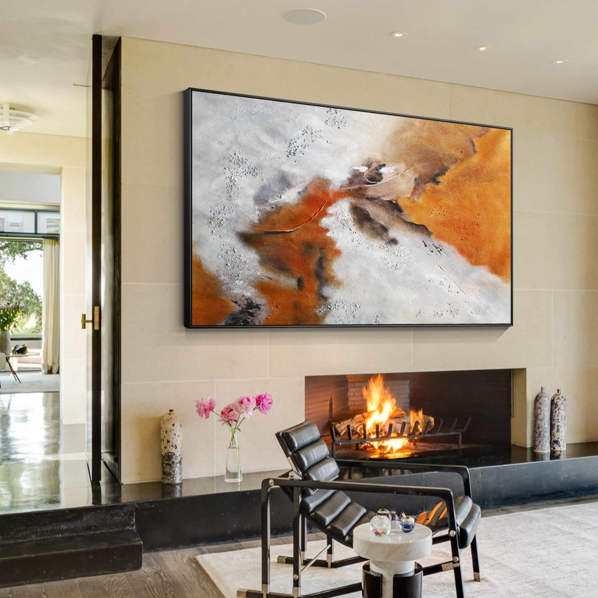 Handcrafted orange white brown abstract painting styled in a living room