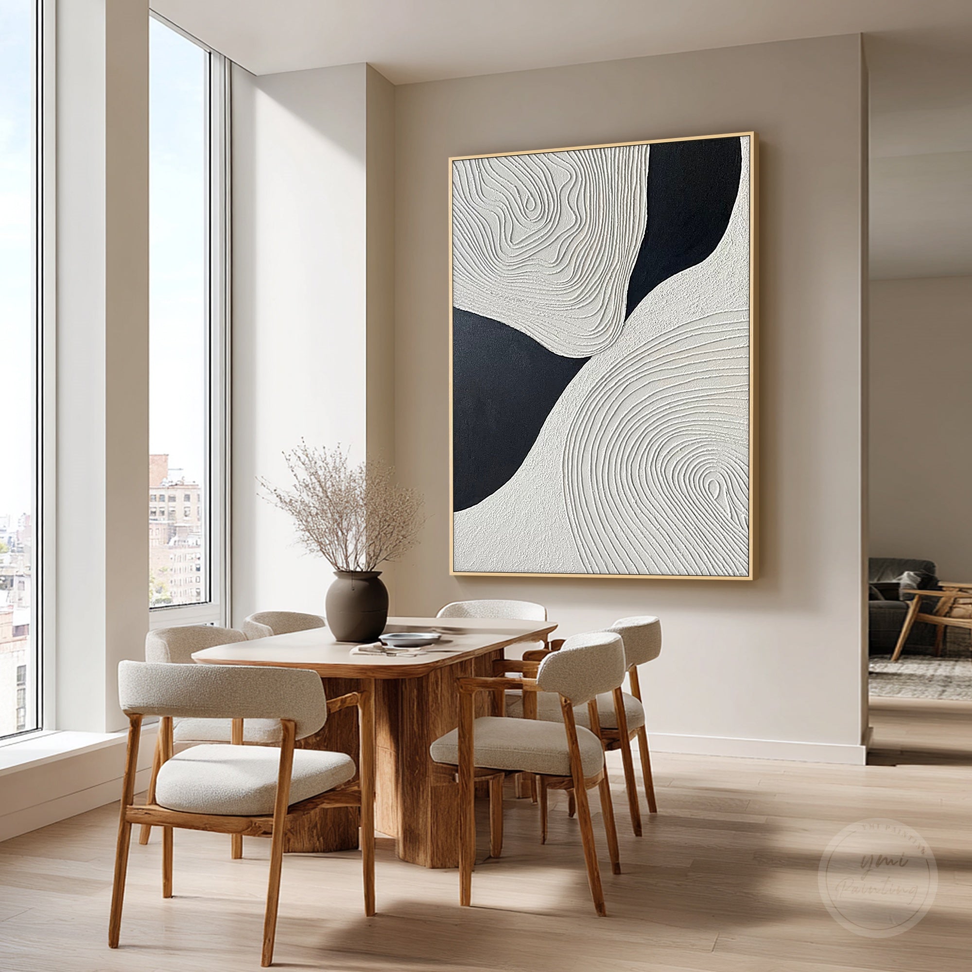 White textured fiber artwork with black accents