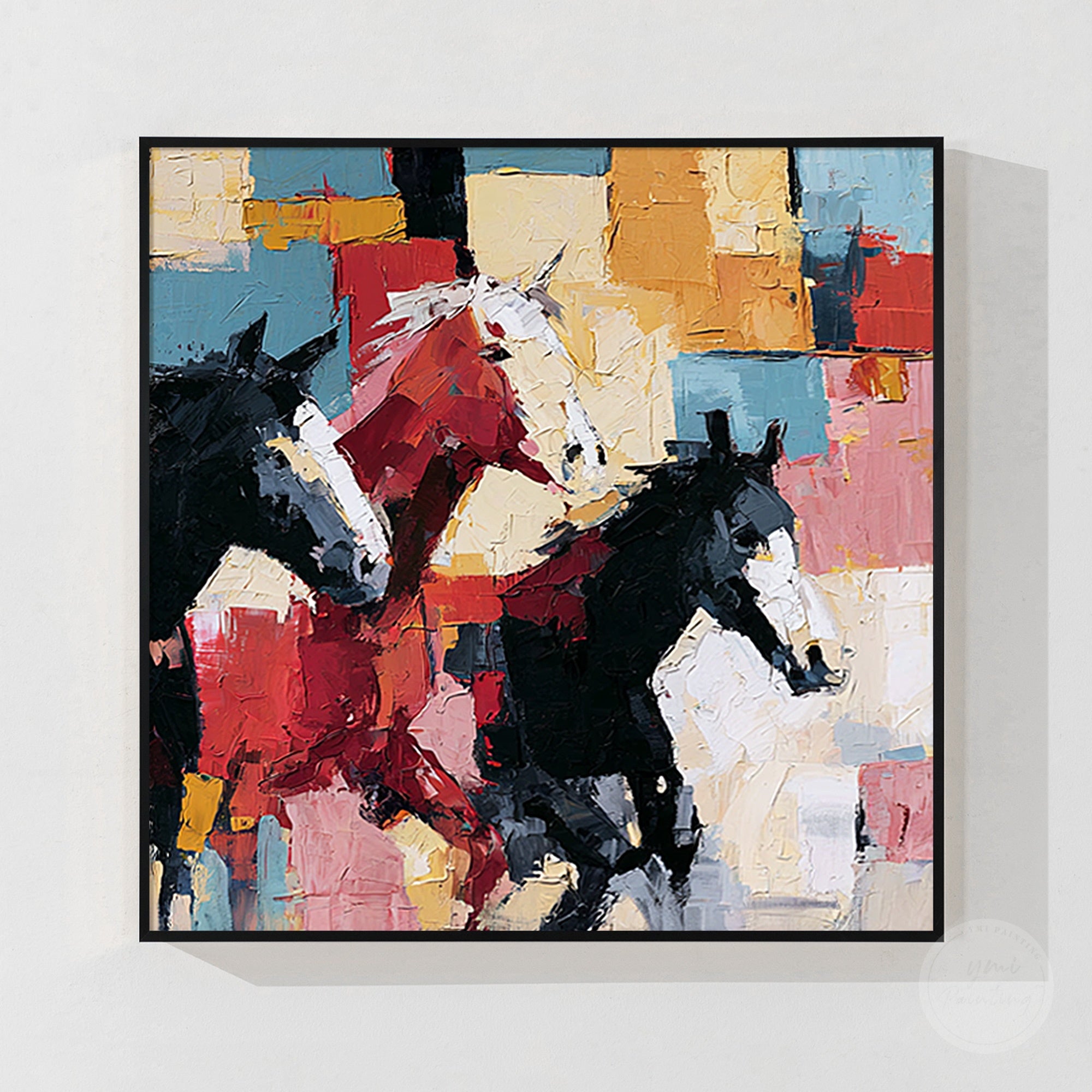 Abstract equestrian wall art featuring two horses on canvas
