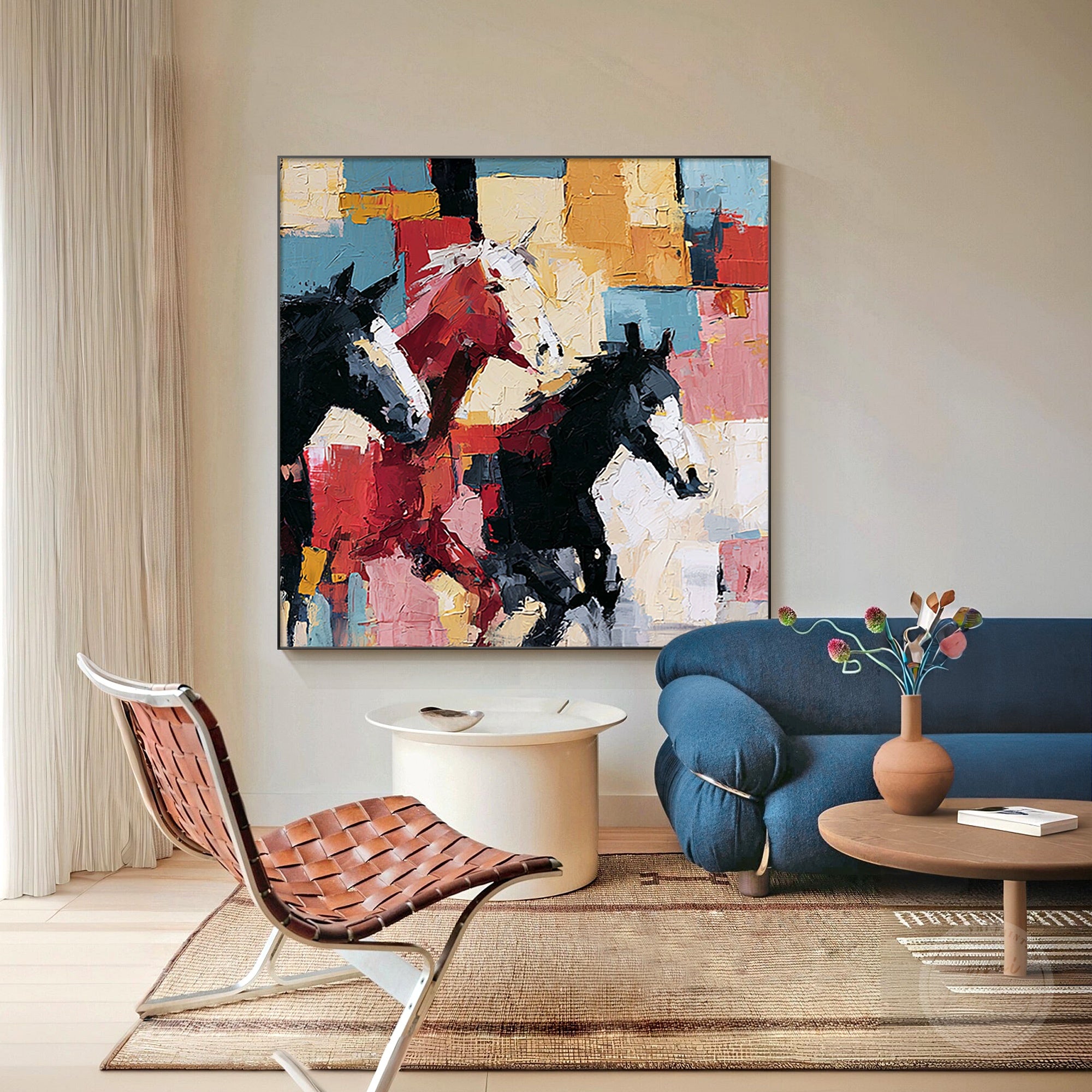 Modern equestrian painting featuring elegant horse silhouettes