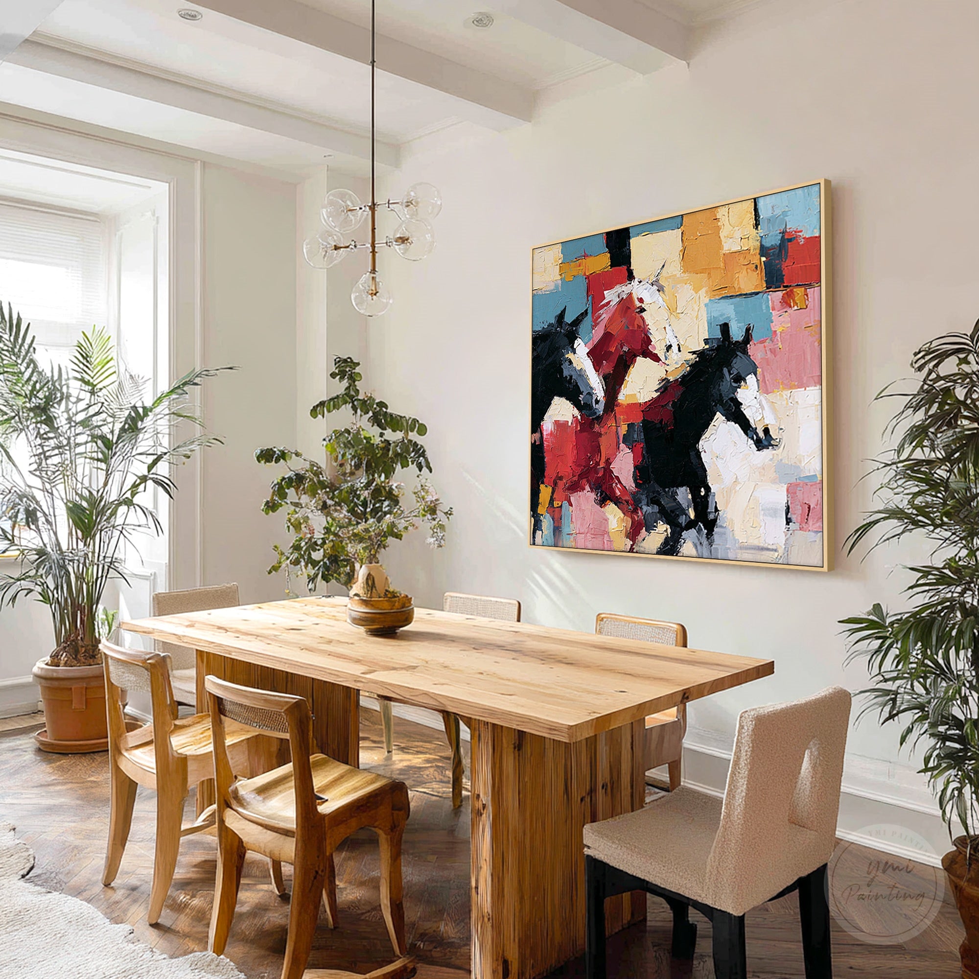 Contemporary animal painting with red black blue and cream tones