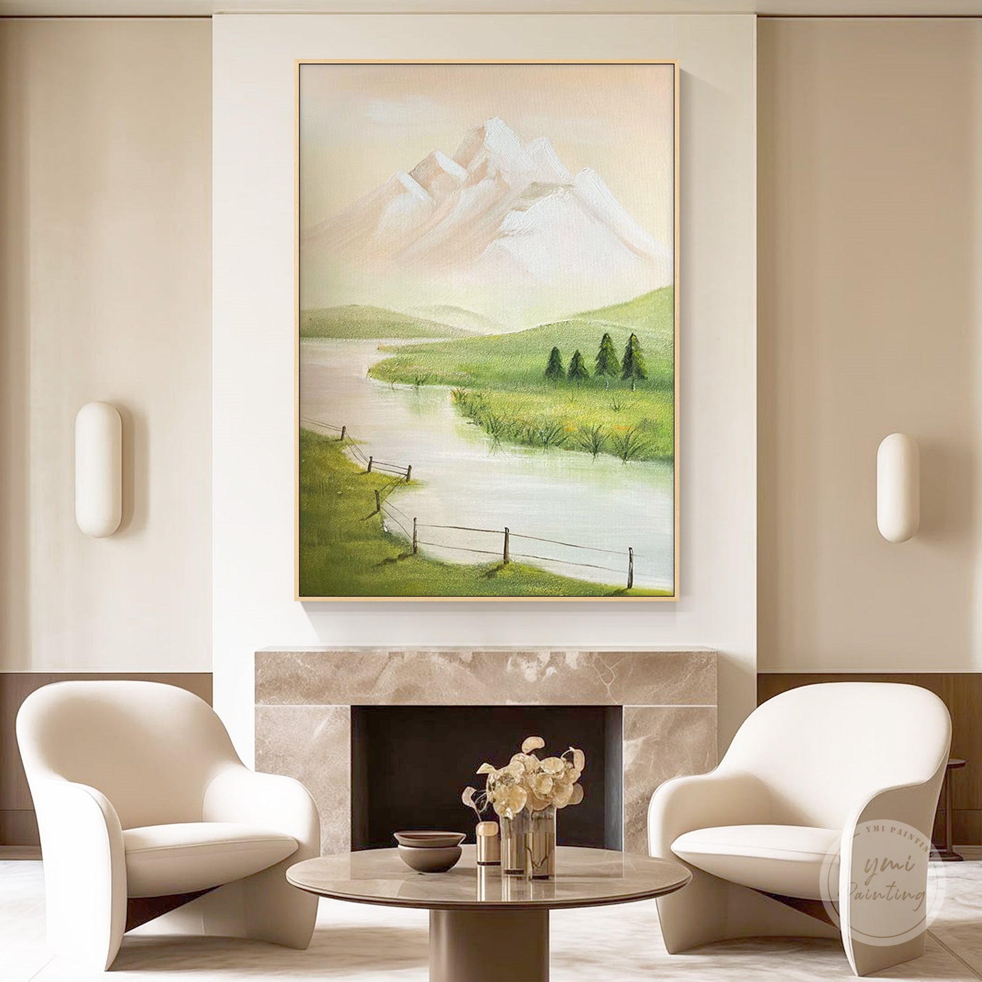 Handmade minimalist mountain and river canvas artwork in green and gold for living room