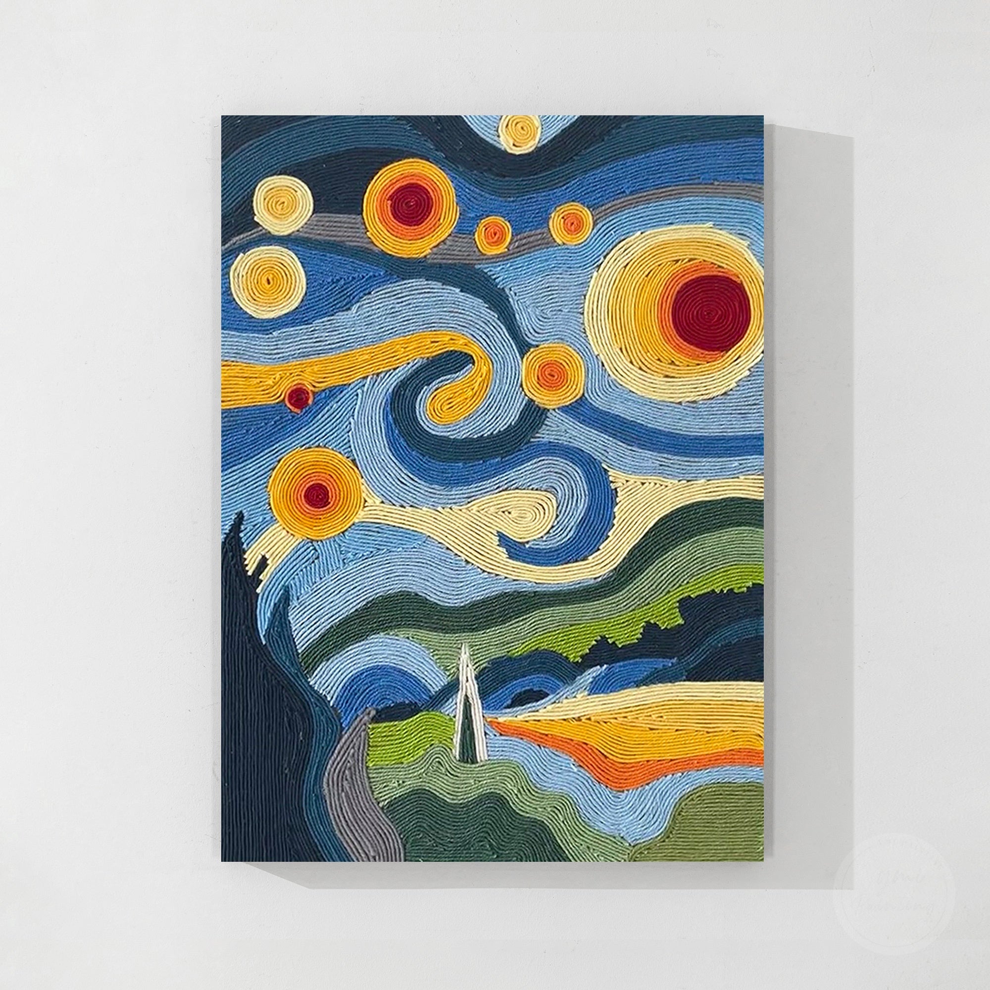 Colorful abstract fiber art wall hanging with woven texture