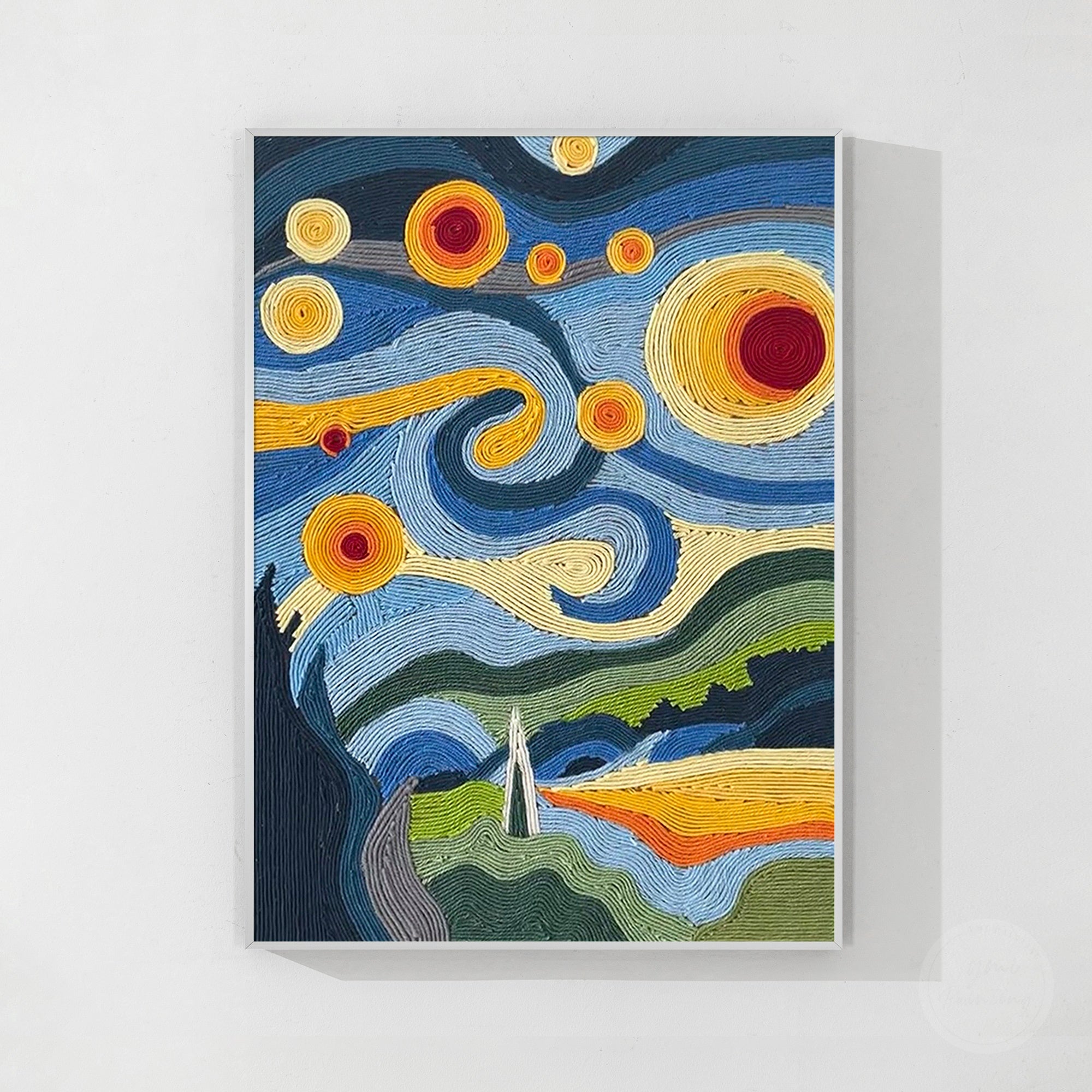 Colorful abstract fiber art wall hanging with woven texture