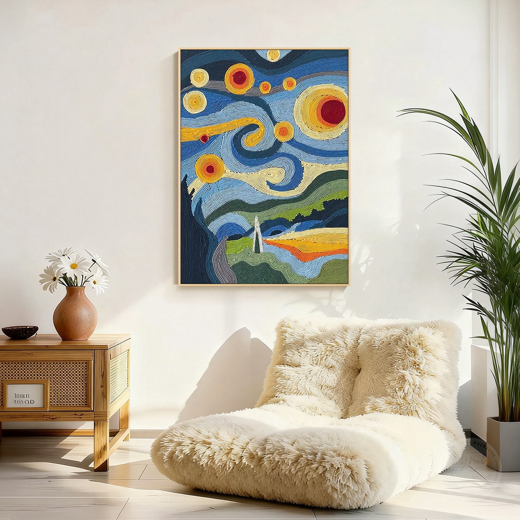 Modern textile art with colorful organic shapes