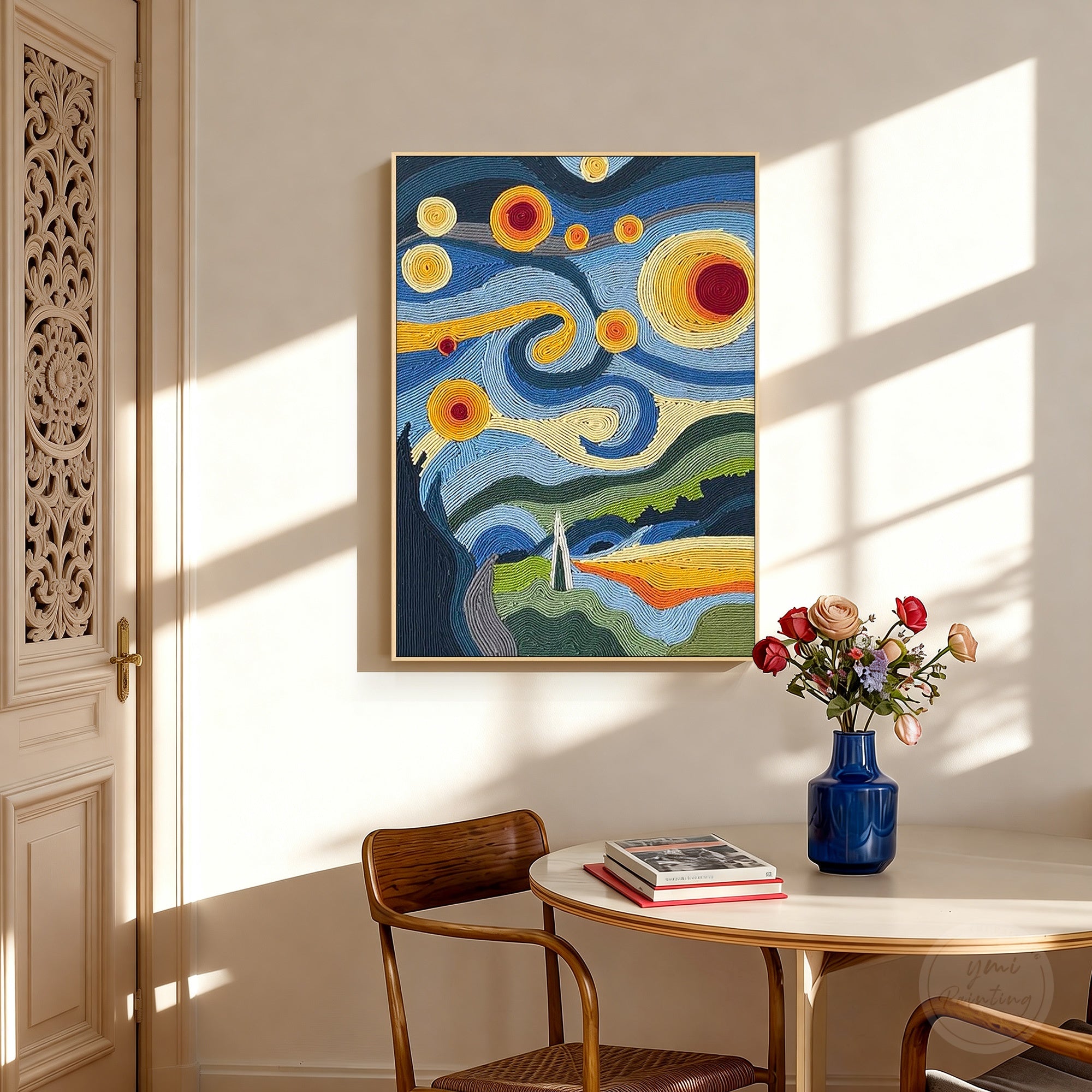 Handcrafted woven wall art with abstract composition