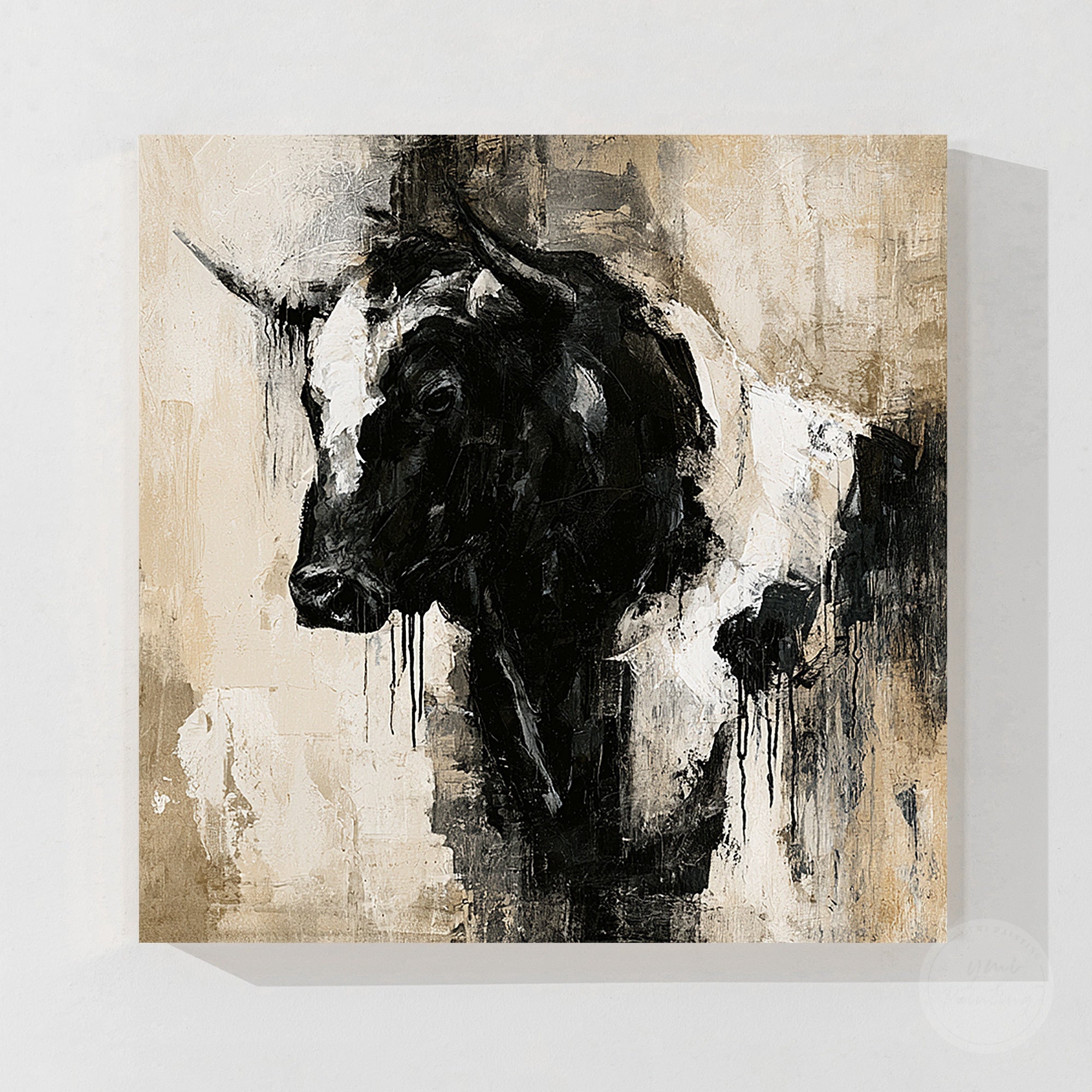 Black and white bull artwork for farmhouse home decoration