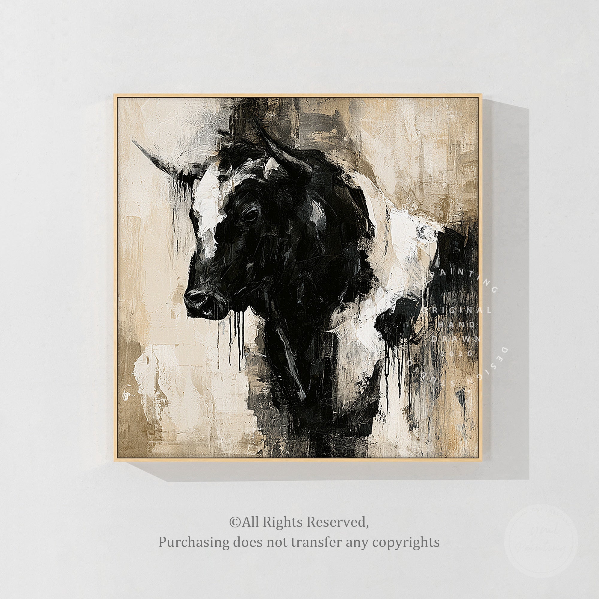 Handmade bull canvas artwork with black white and beige tones