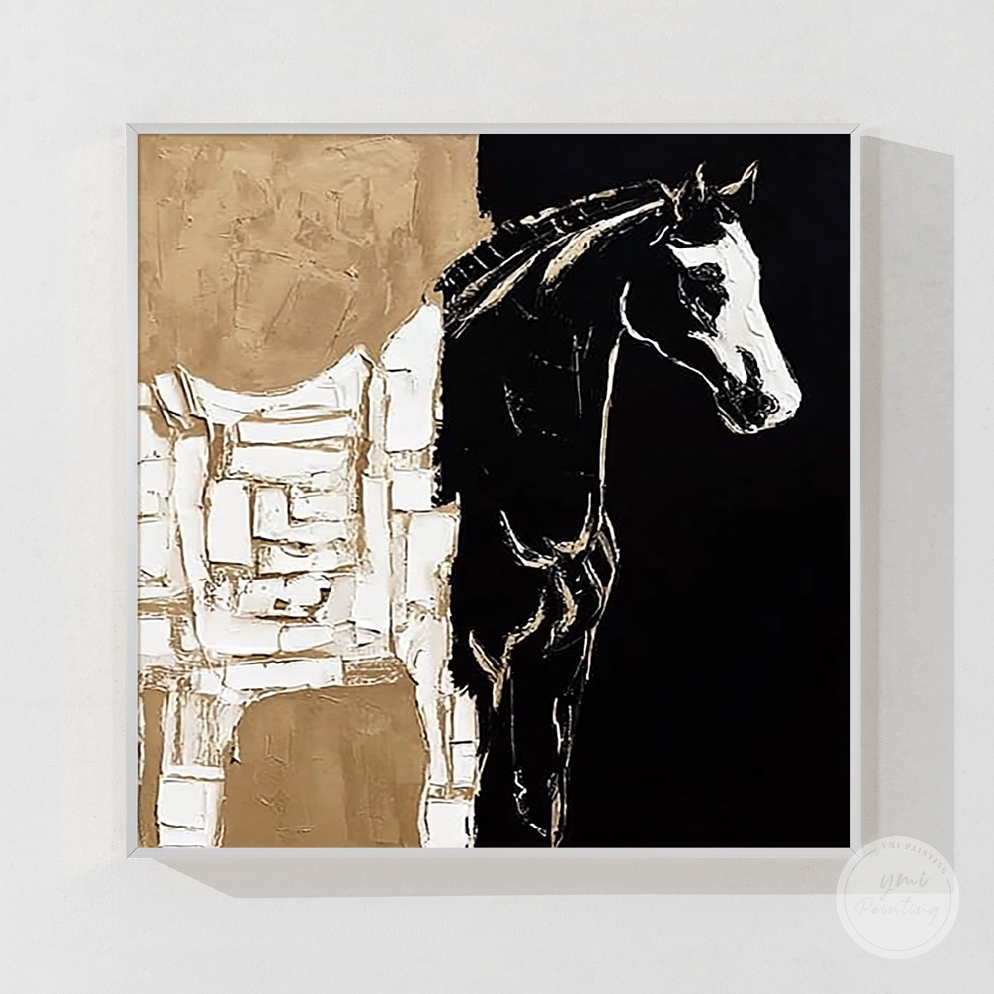 Abstract horse artwork with black white and beige color tones