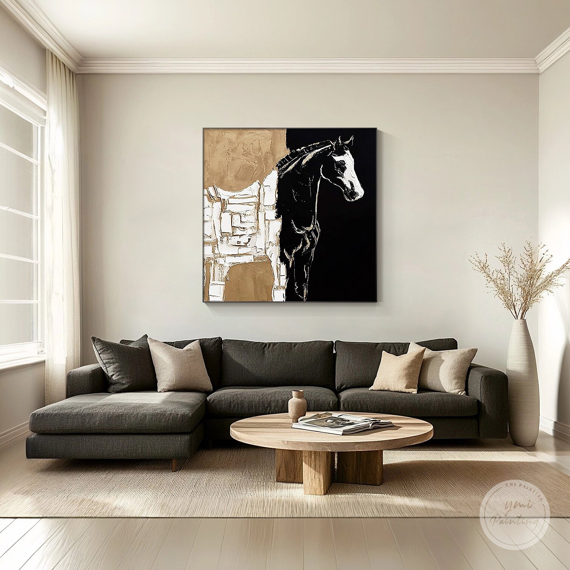 Black and white horse painting with abstract textured canvas details