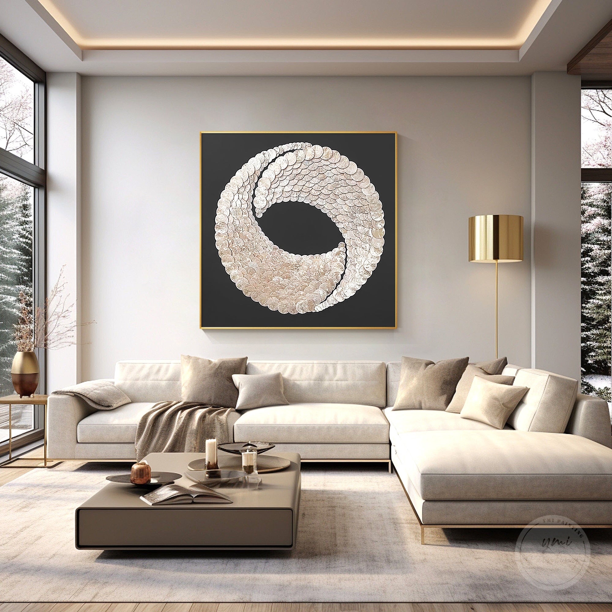 Natural seashell artwork featuring layered white shell decoration