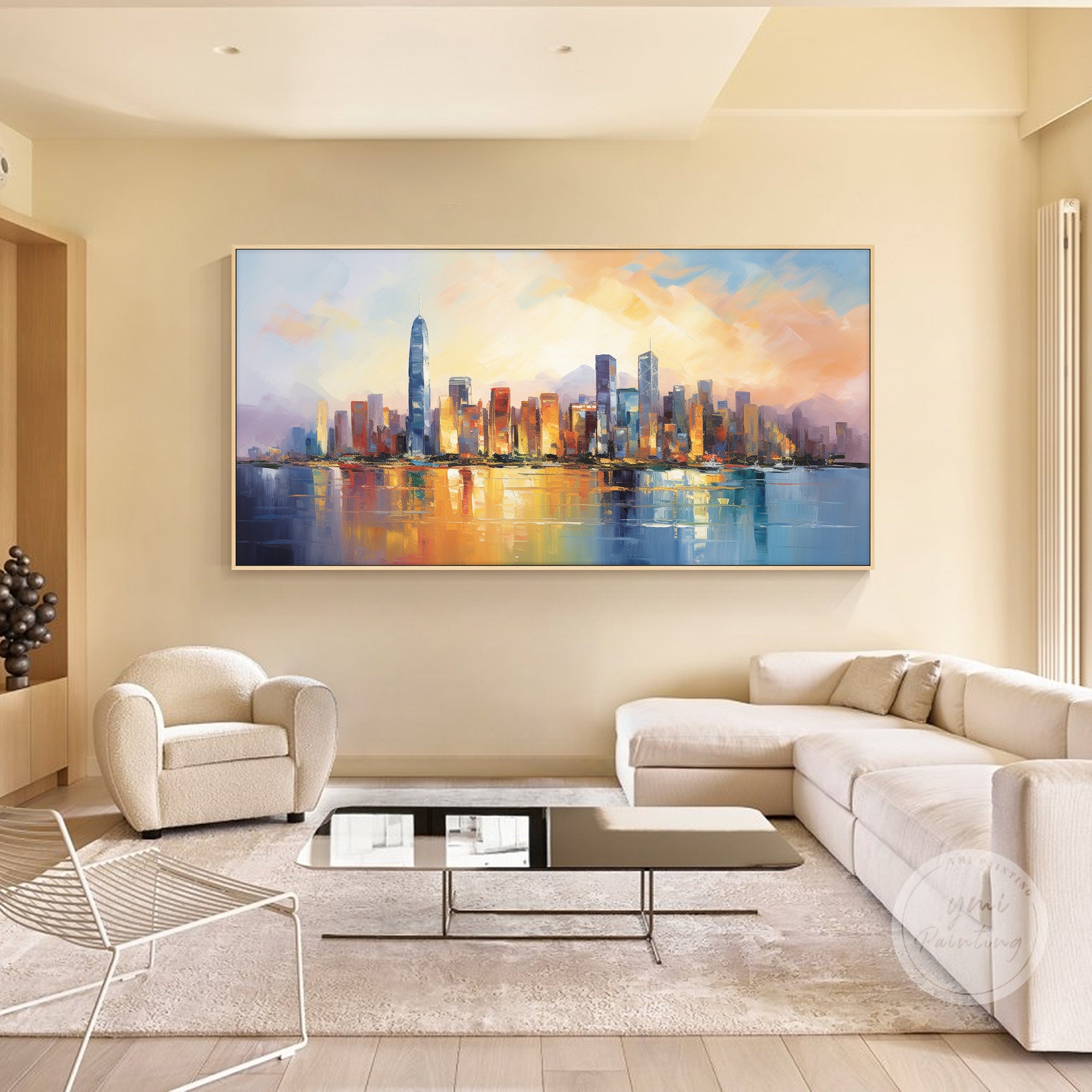 Dramatic city skyline wall art in a luxury living room, elegant gift for art collectors