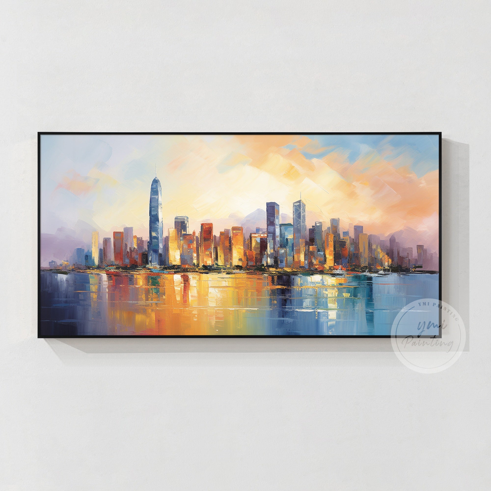 Impasto cityscape artwork in a cozy reading corner, perfect gift for art-loving friends