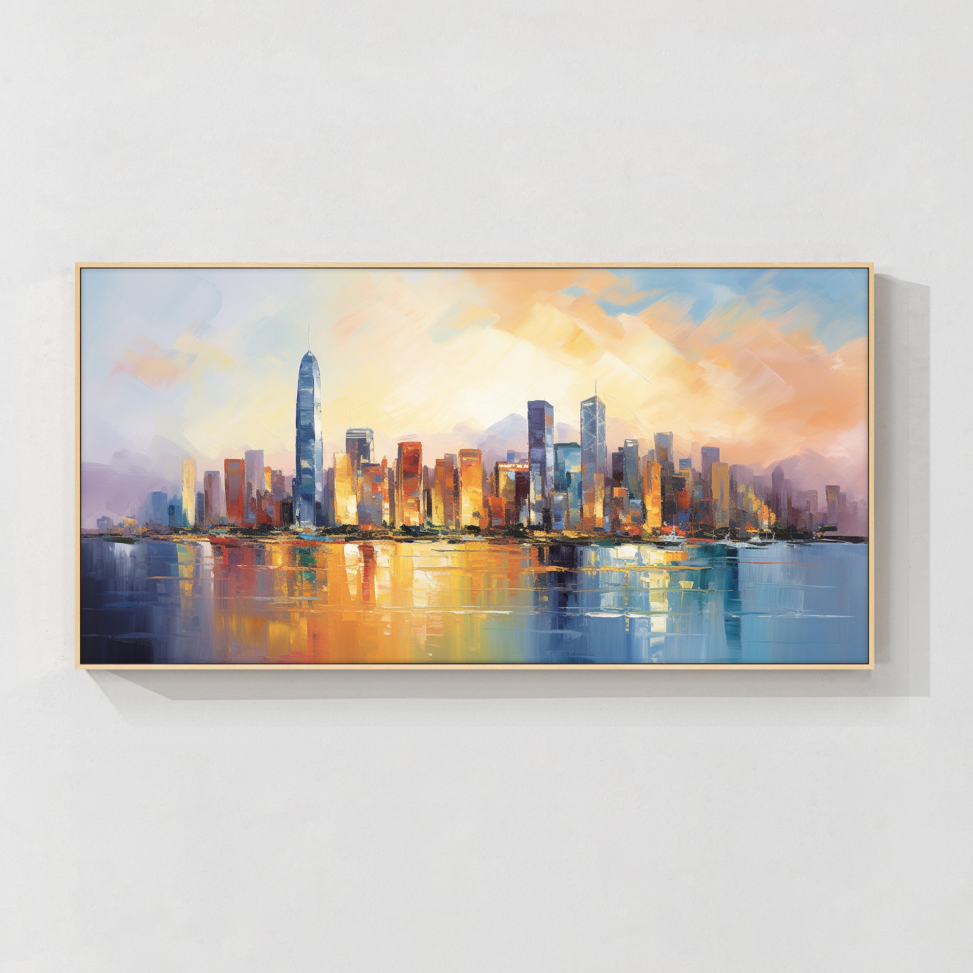 Hong Kong skyline sunset oil painting hanging above a modern sofa, a perfect gift for city lovers and urban art collectors