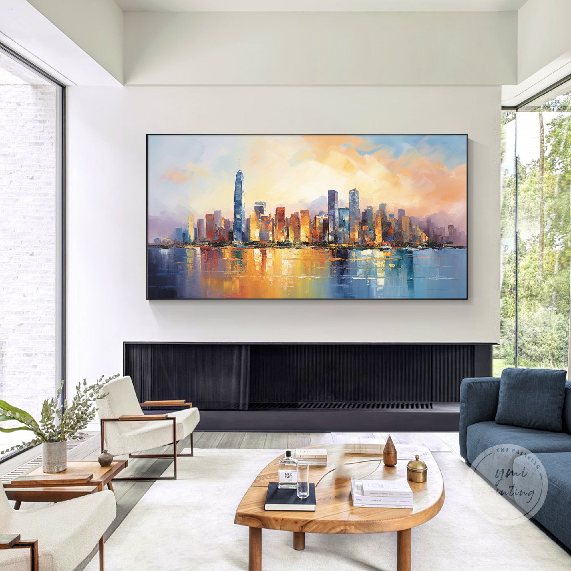 Vibrant Hong Kong cityscape painting in a home office, thoughtful gift for professionals and entrepreneurs