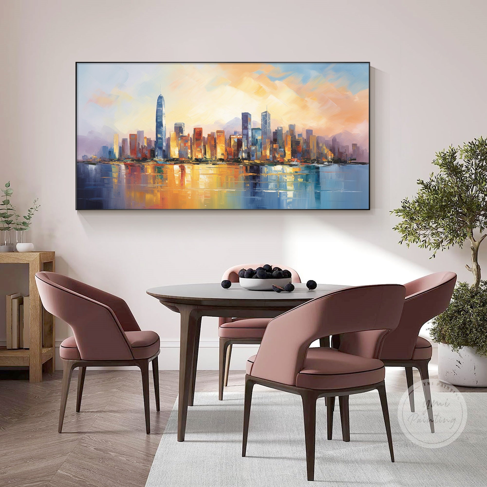Textured sunset skyline artwork decorating a modern apartment, unique gift for couples who love travel