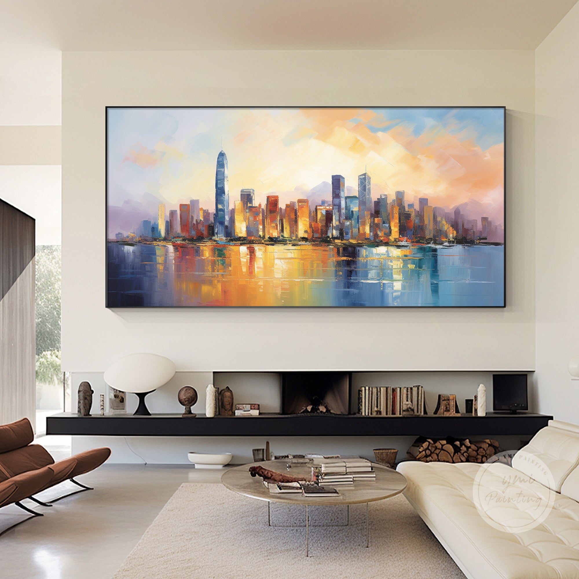Hong Kong sunset oil painting above a minimalist console table, stylish gift for new homeowners