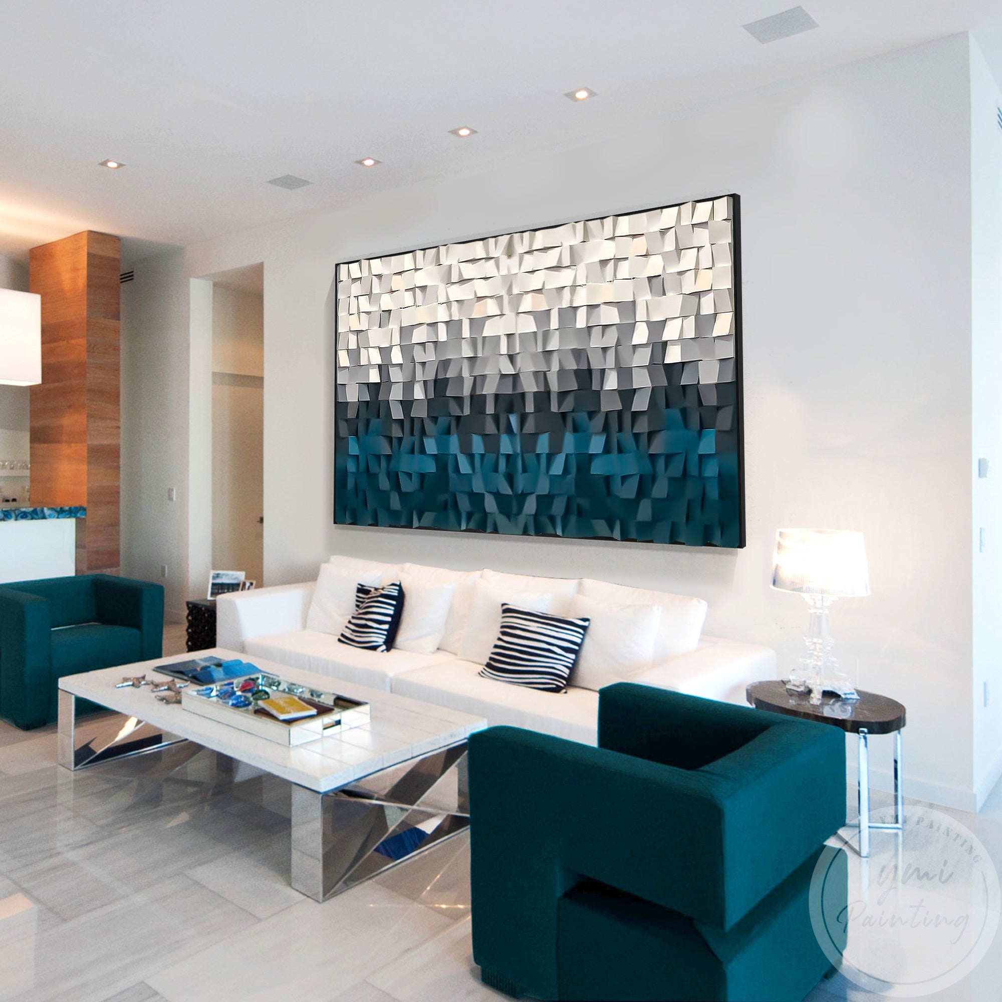 This abstract painting transitions from teal to gray, creating an ombre effect that complements contemporary decor.