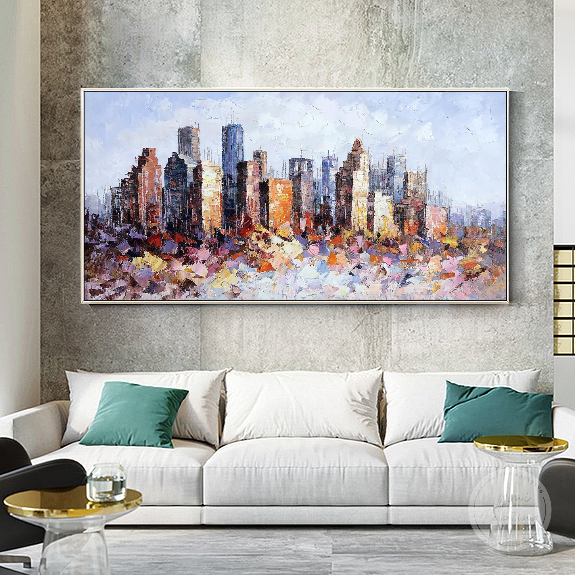 Textured Houston city skyline painting, created with palette knife techniques for added depth and movement.