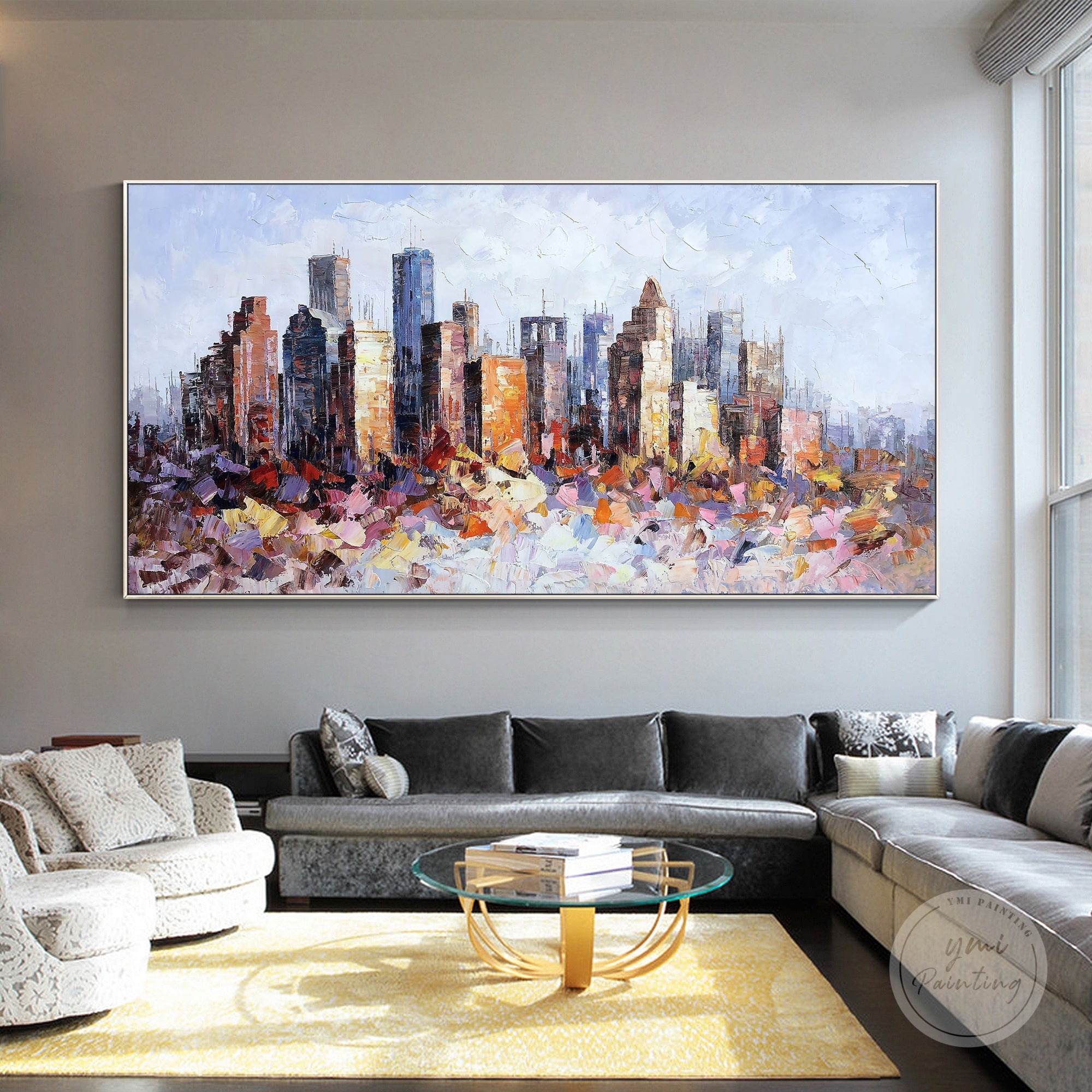 Framed oil painting of Houston’s skyline, with abstract palette knife textures and striking design.