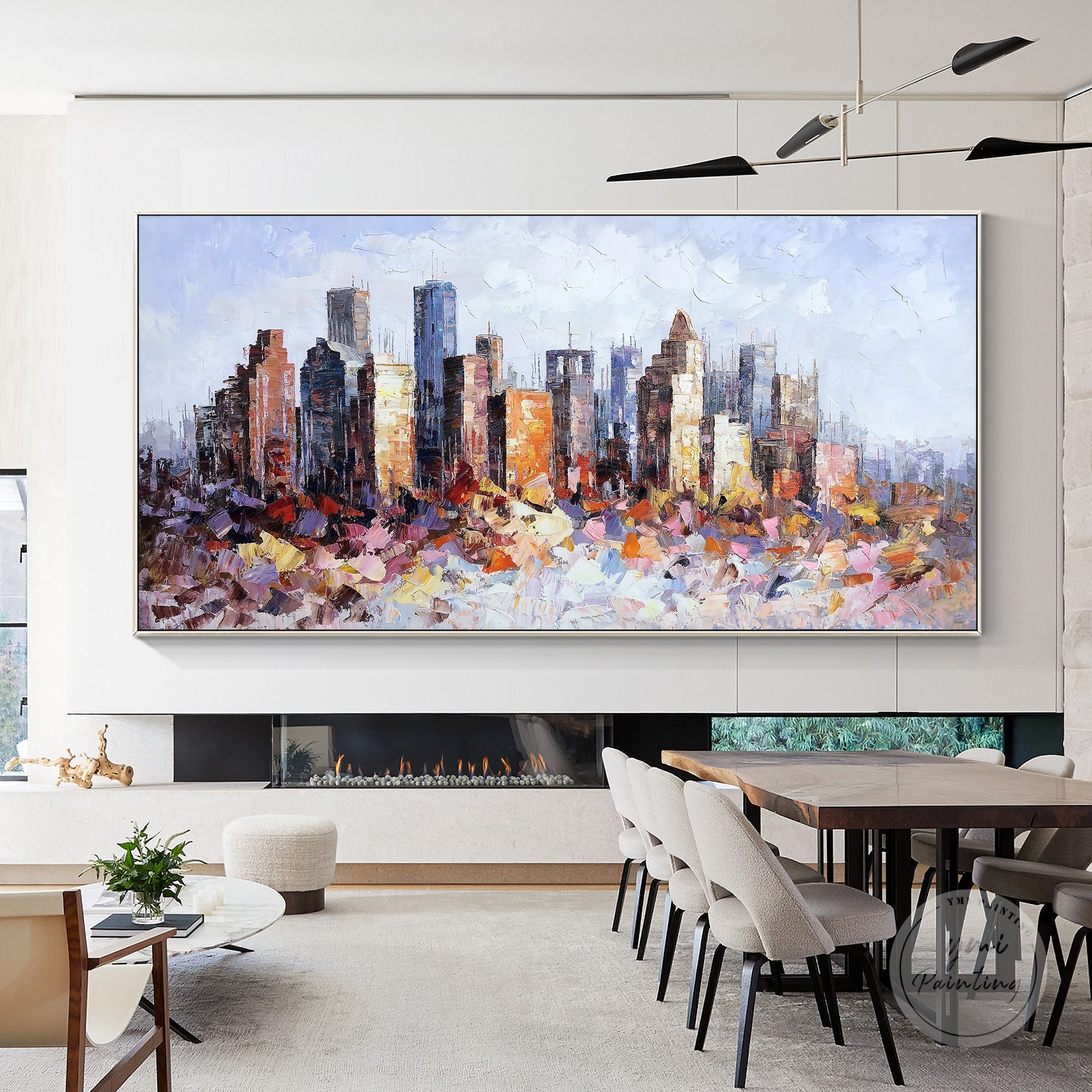 Abstract cityscape oil painting of Houston, with rich texture and expressive color palette.