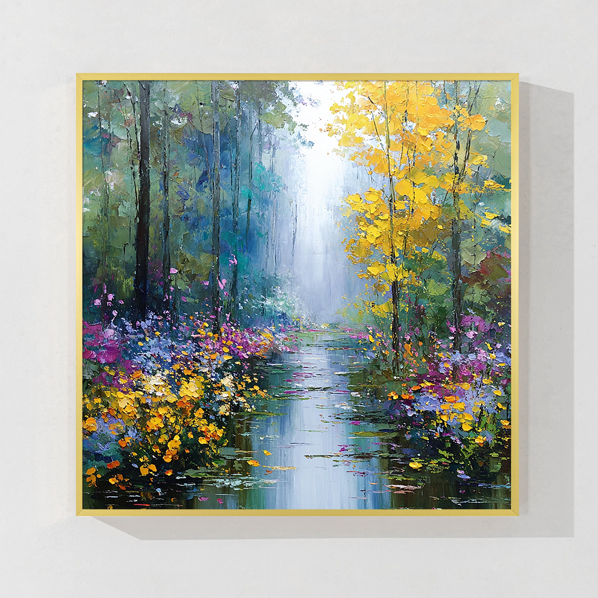 Impressionist forest path oil painting with sunlit woodland scenery, perfect for peaceful nature wall decor.