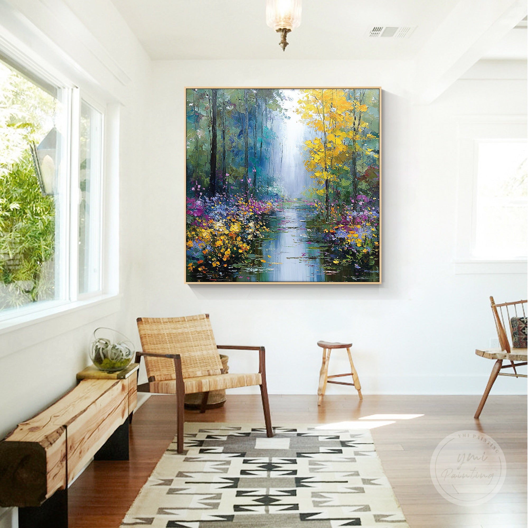 Hand-painted woodland landscape art featuring a winding forest path and colorful wildflowers.