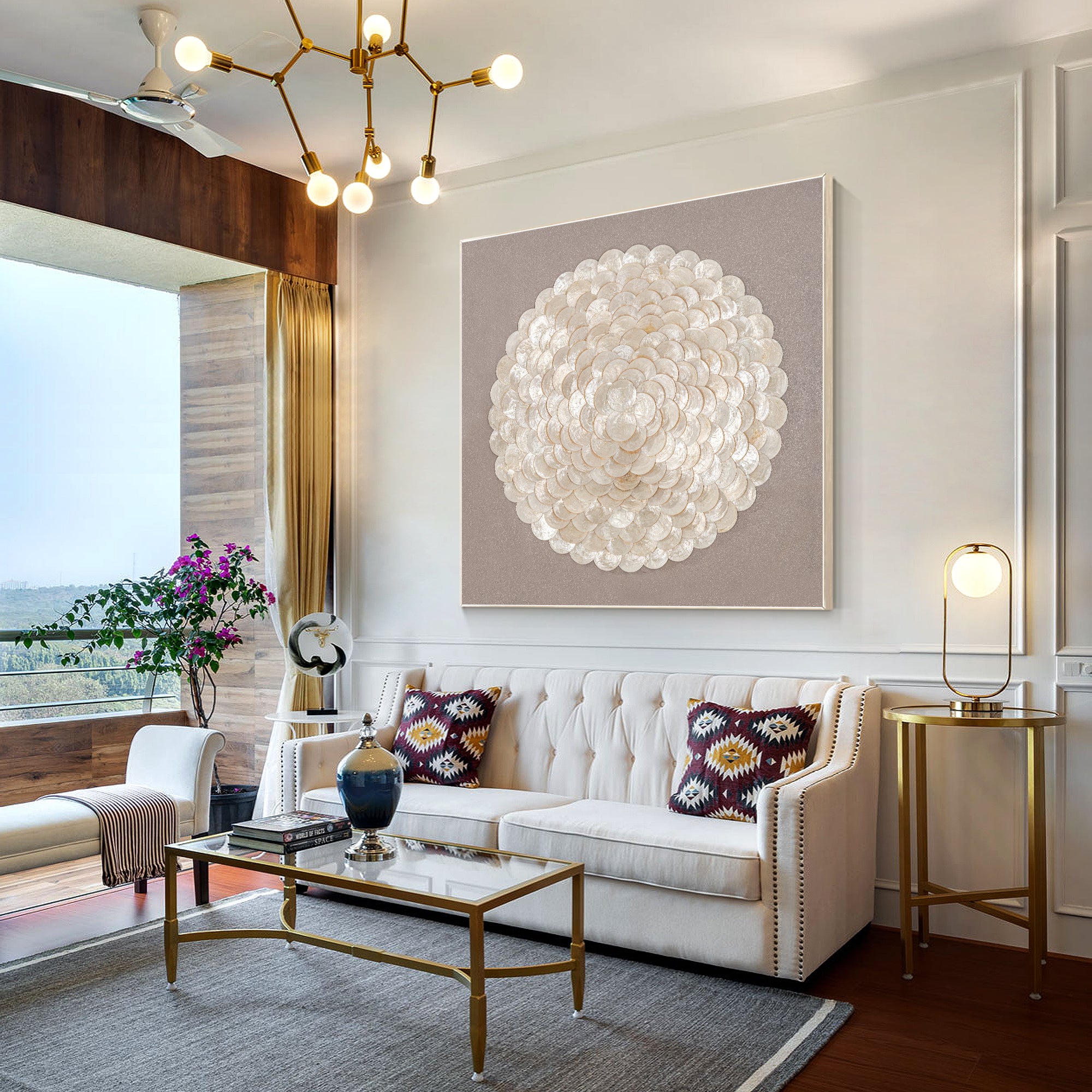 Intricate seashell art on canvas, highlighting detailed textures and a soothing color palette of cream and light beige.