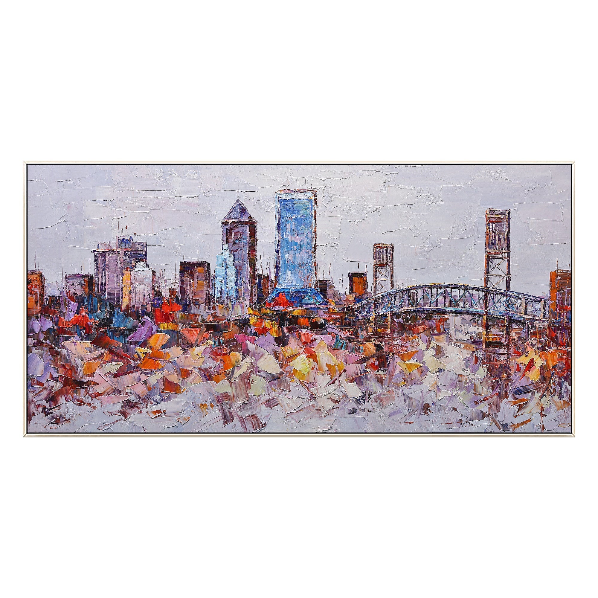 Jacksonville, Florida skyline painting with abstract palette knife art, capturing the city's dynamic energy.
