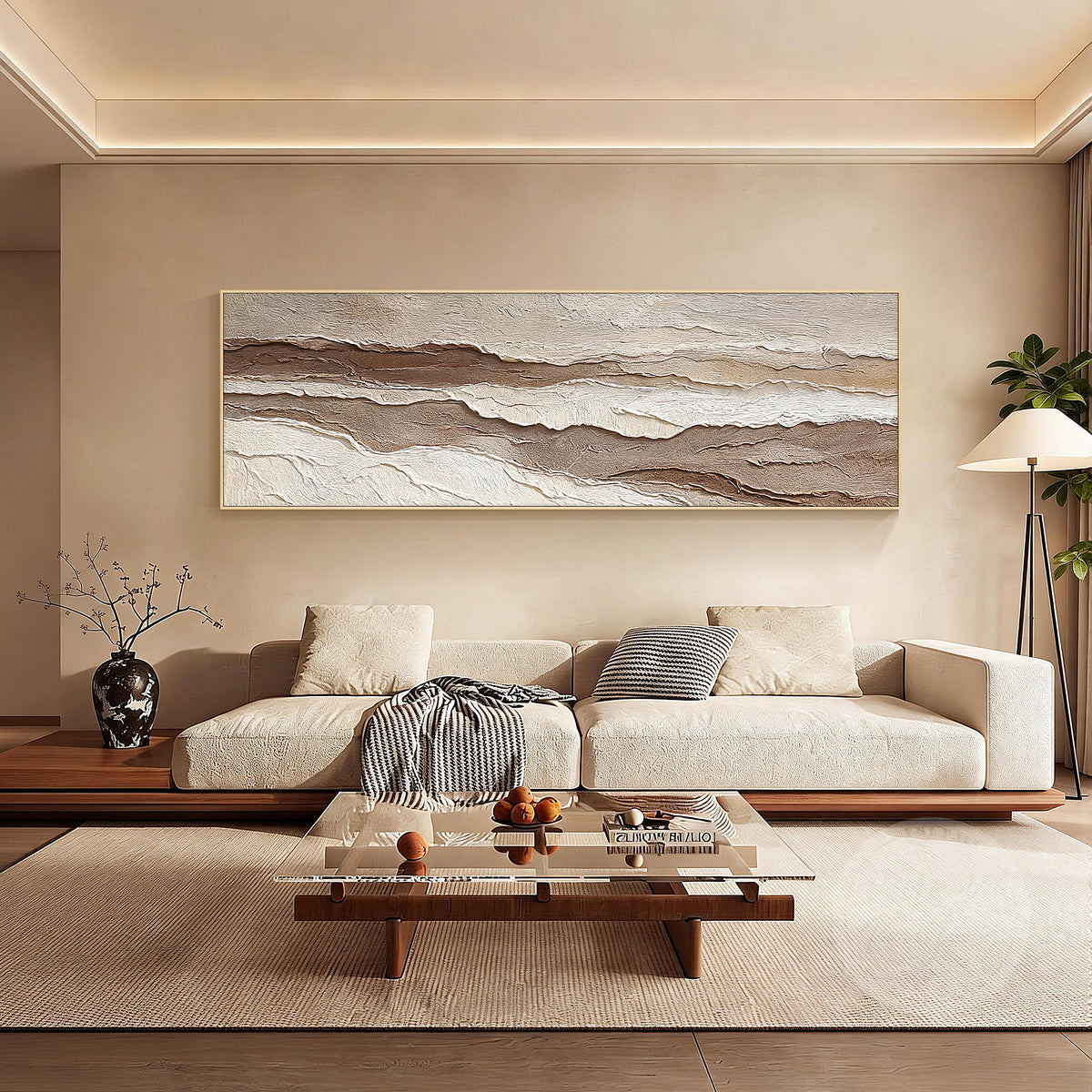 Beige and brown textured abstract painting with flowing horizontal lines
