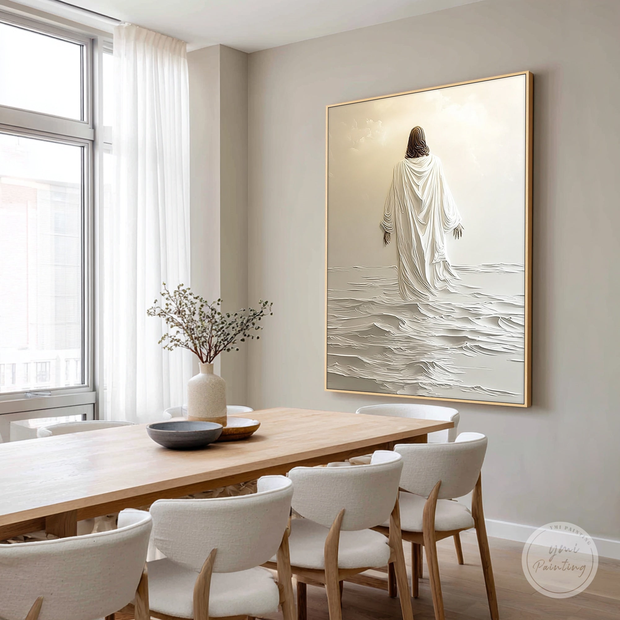 Modern 3D Jesus painting on neutral wall, perfect for diningoom