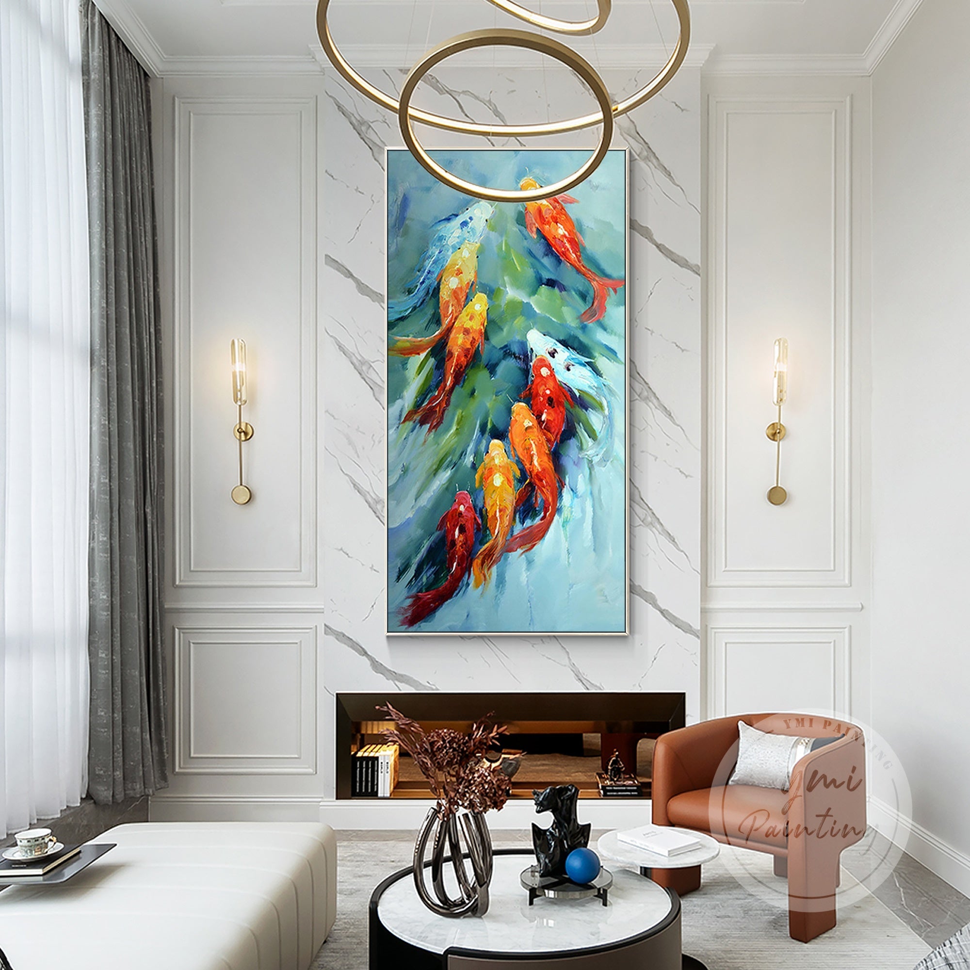 Hand-painted canvas artwork featuring vibrant red and gold koi fish swimming through shimmering blue water with visible brushstroke textures.
