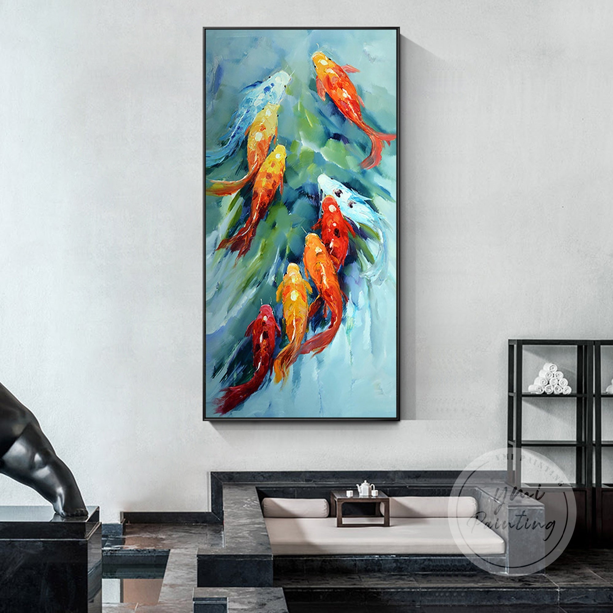 Close-up detail of a koi fish's intricately painted fins and tail, with thick oil brushstrokes creating dimension.
