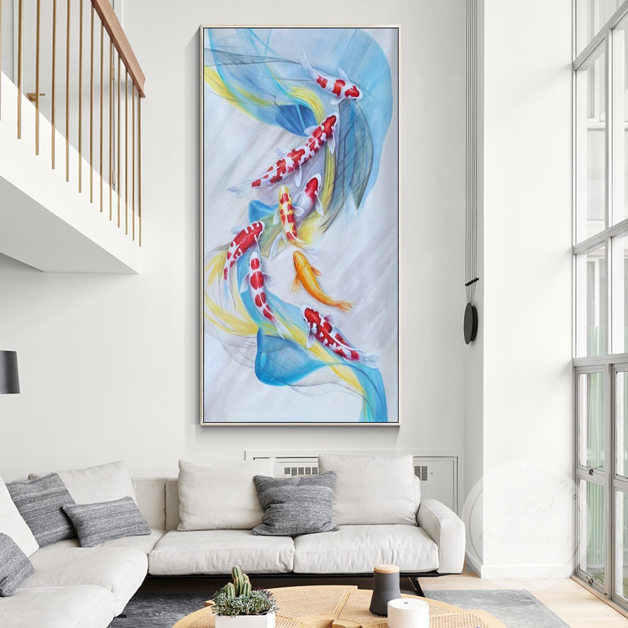 Hand-painted koi fish artwork with flowing red, white, and golden koi in soft water elements.